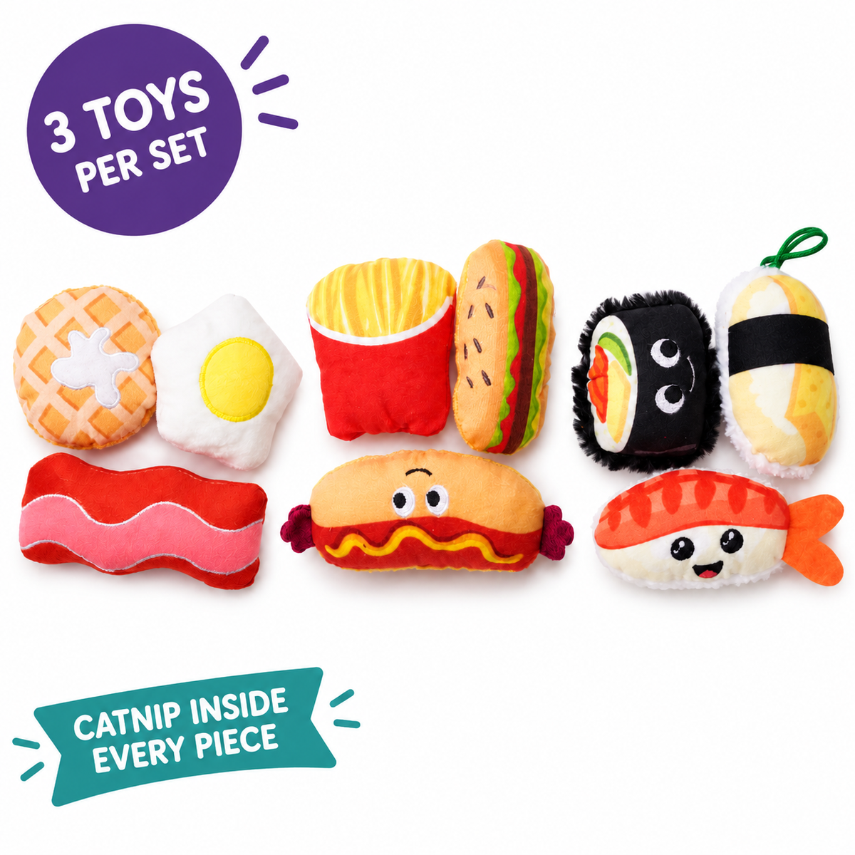 LitterBond Foodie Catnip Plush Trios: 3 toys per set, catnip inside every piece