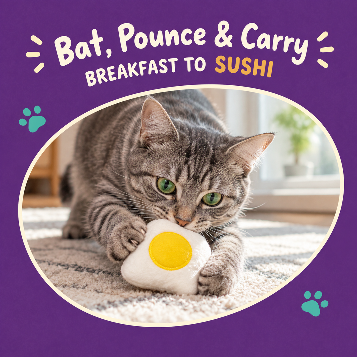 Cat playing with LitterBond Foodie Catnip Plush Trios: Bat, Pounce & Carry