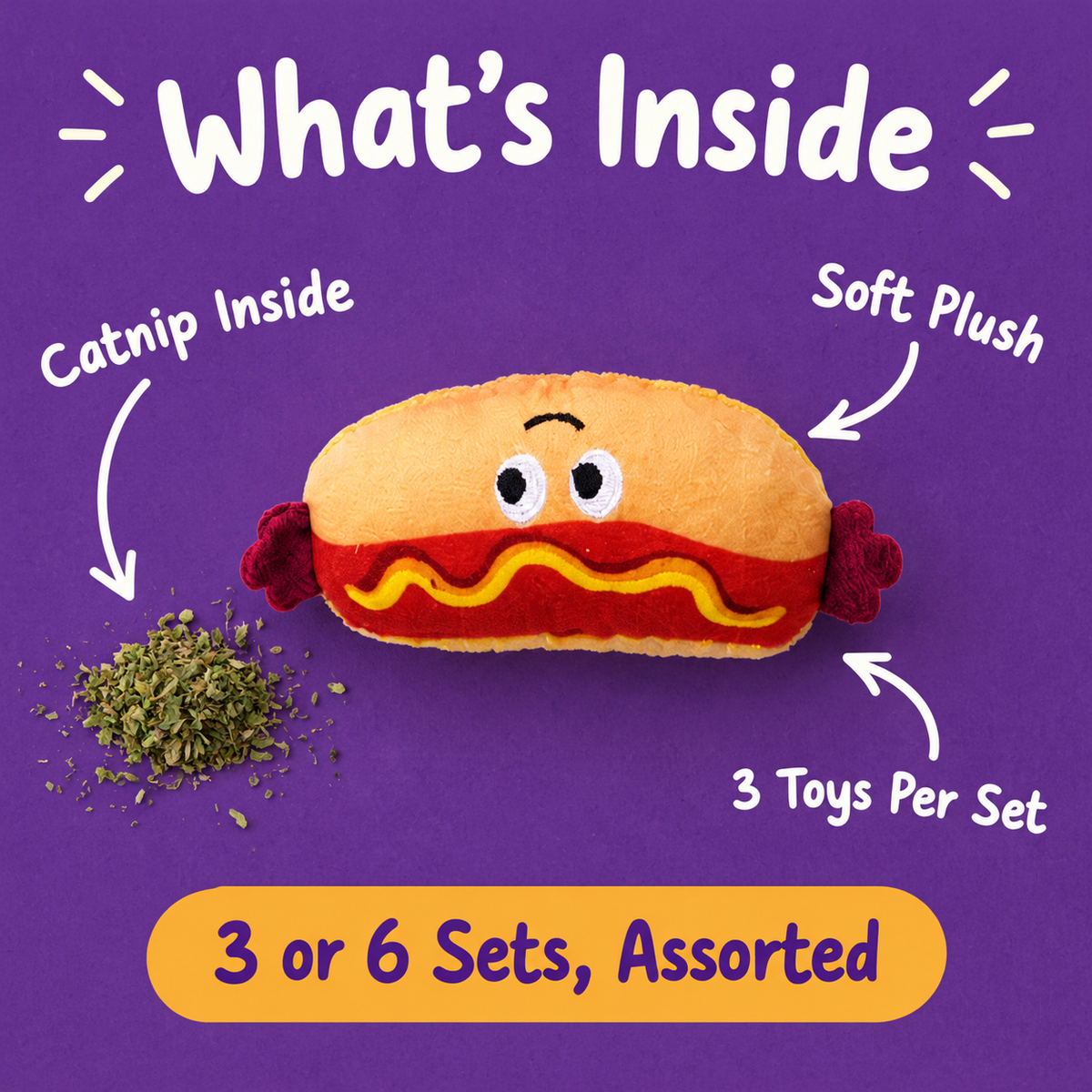 What's Inside: LitterBond Foodie Catnip Plush Trios, catnip inside, soft plush, 3 toys per set