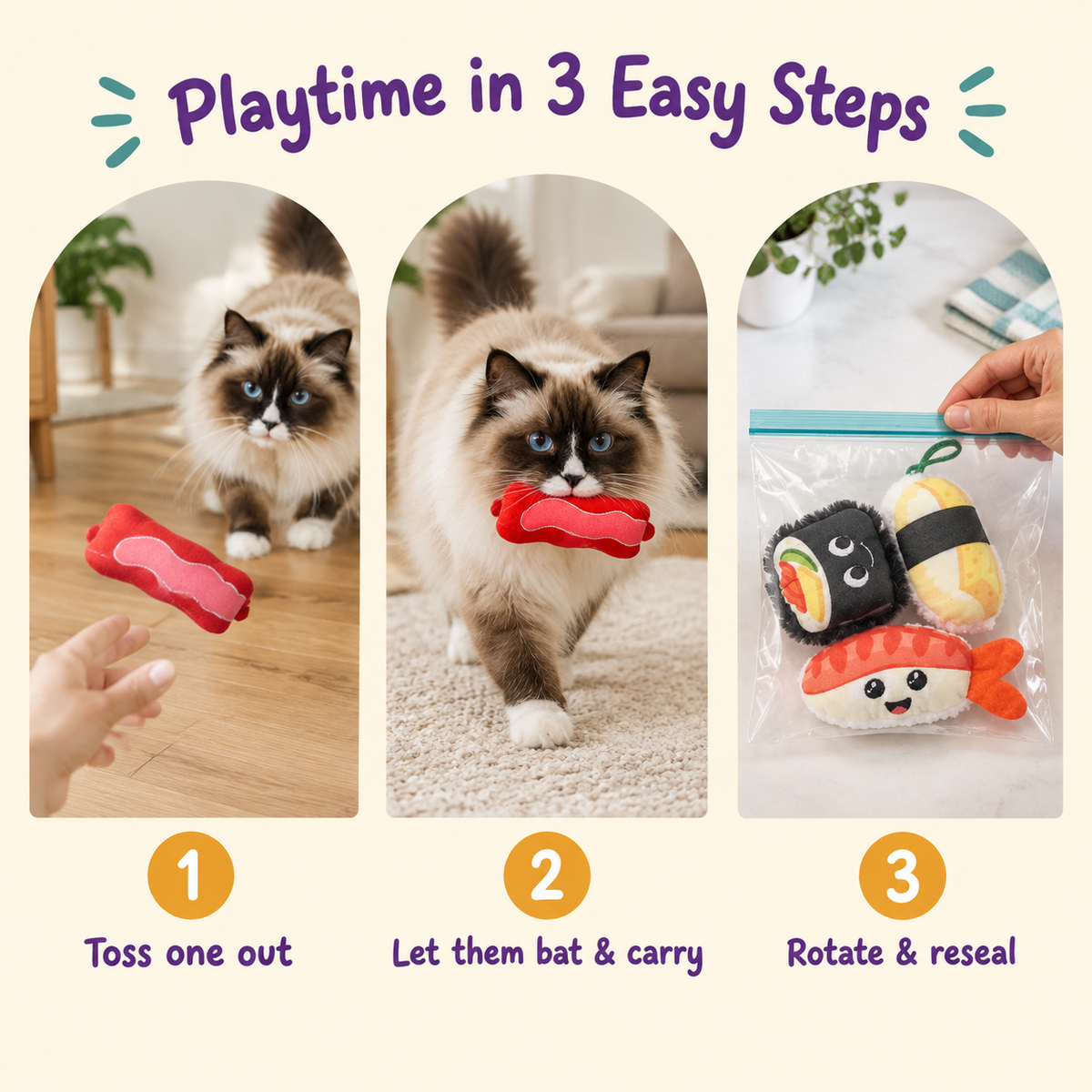 Playtime in 3 Easy Steps: how to play with LitterBond Foodie Catnip Plush Trios