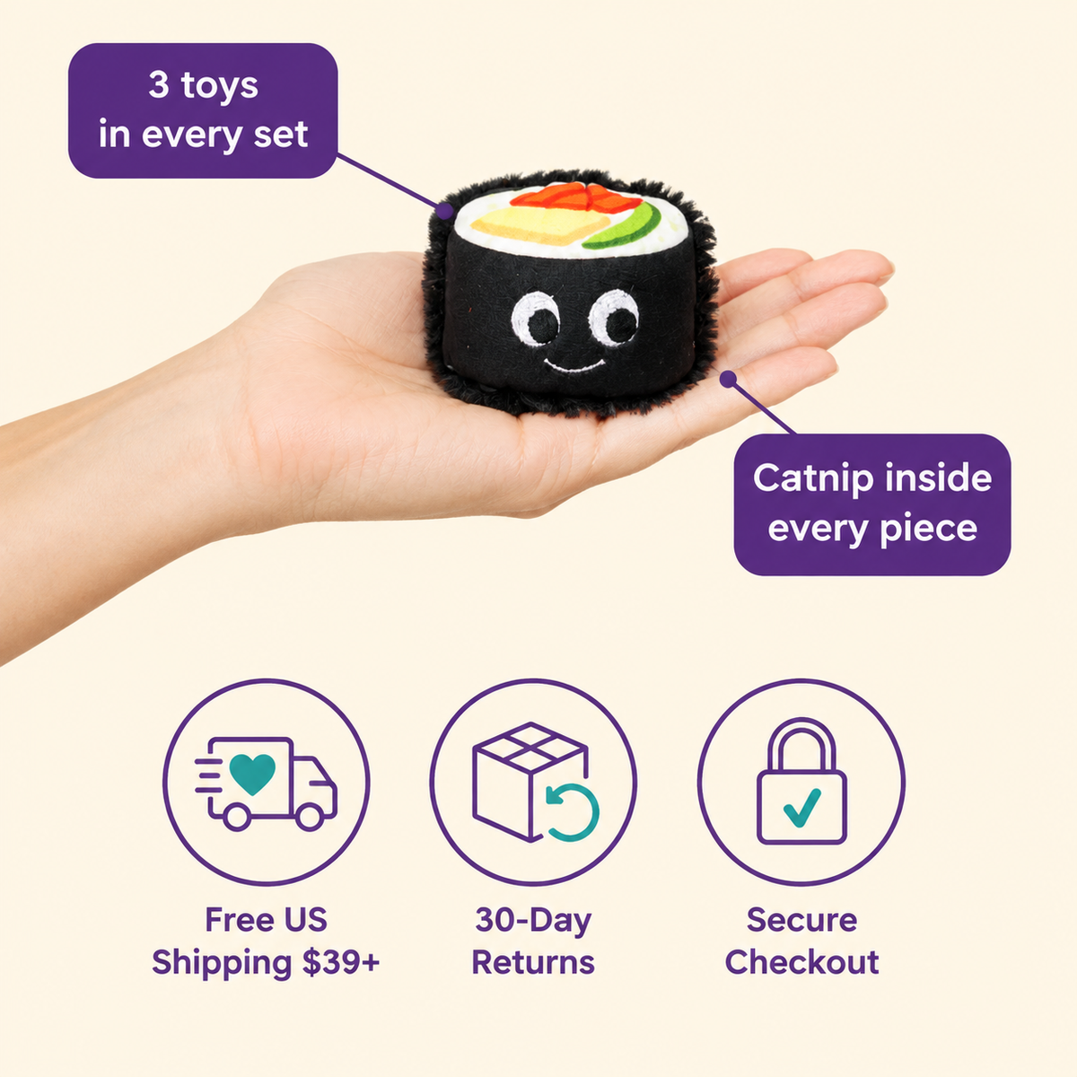 LitterBond Foodie Catnip Plush Trios in hand: 3 toys in every set; free US shipping on $39+, 30-day returns