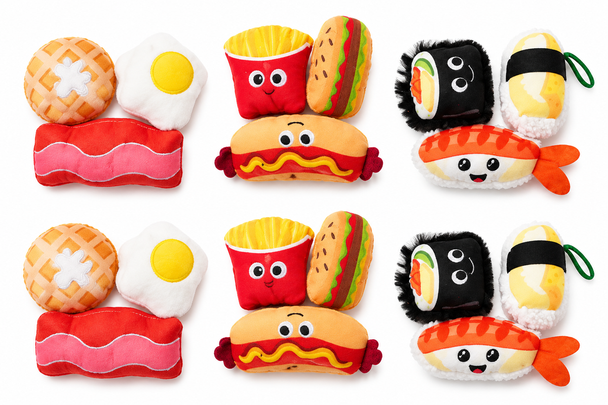 LitterBond Foodie Catnip Plush Trios, assorted 6 sets (18 pcs) on a white background