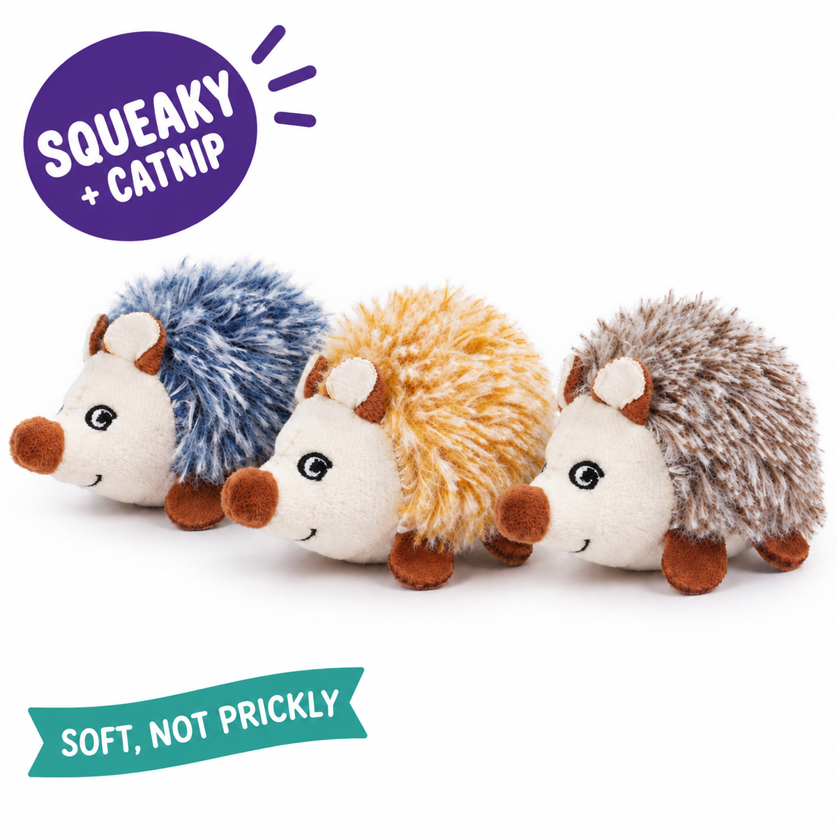 LitterBond Squeaky Catnip Hedgehogs: squeaky + catnip, soft, not prickly