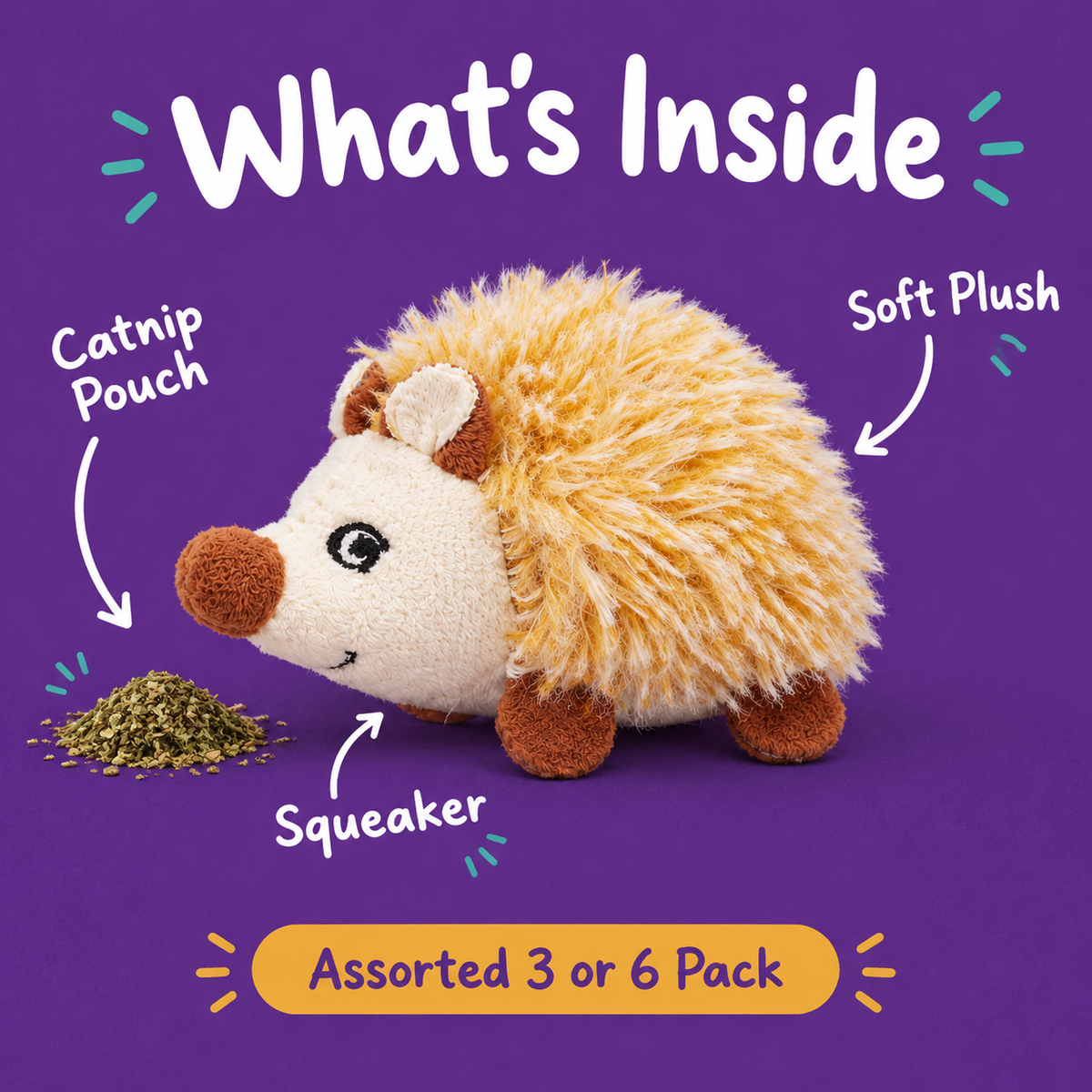 What's Inside: LitterBond Squeaky Catnip Hedgehogs, catnip pouch, squeaker, soft plush