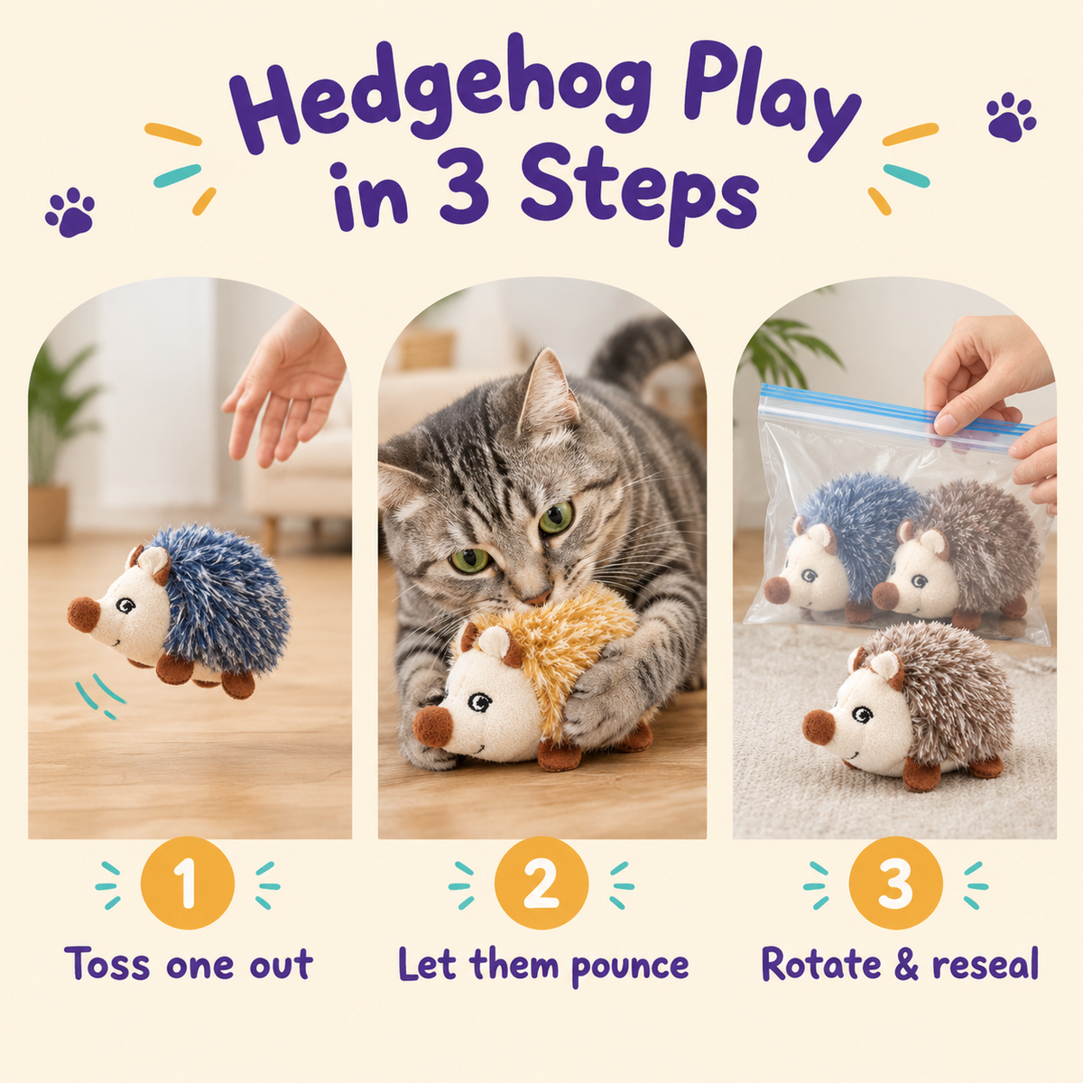 Hedgehog Play in 3 Steps: how to play with LitterBond Squeaky Catnip Hedgehogs