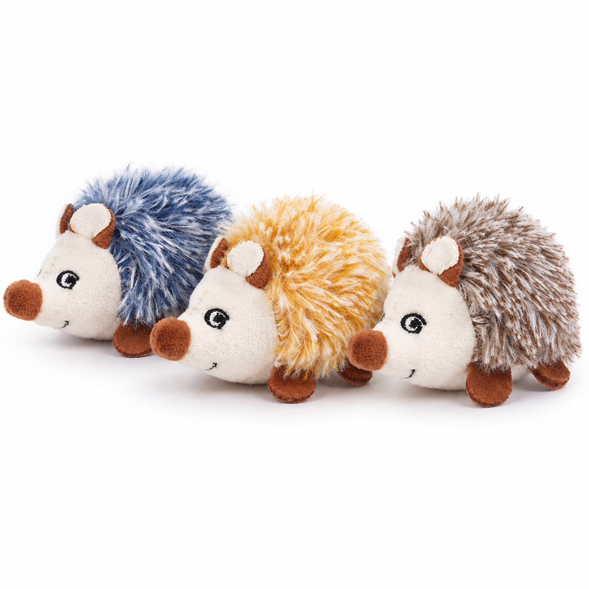 LitterBond Squeaky Catnip Hedgehogs, assorted 3-pack on a white background