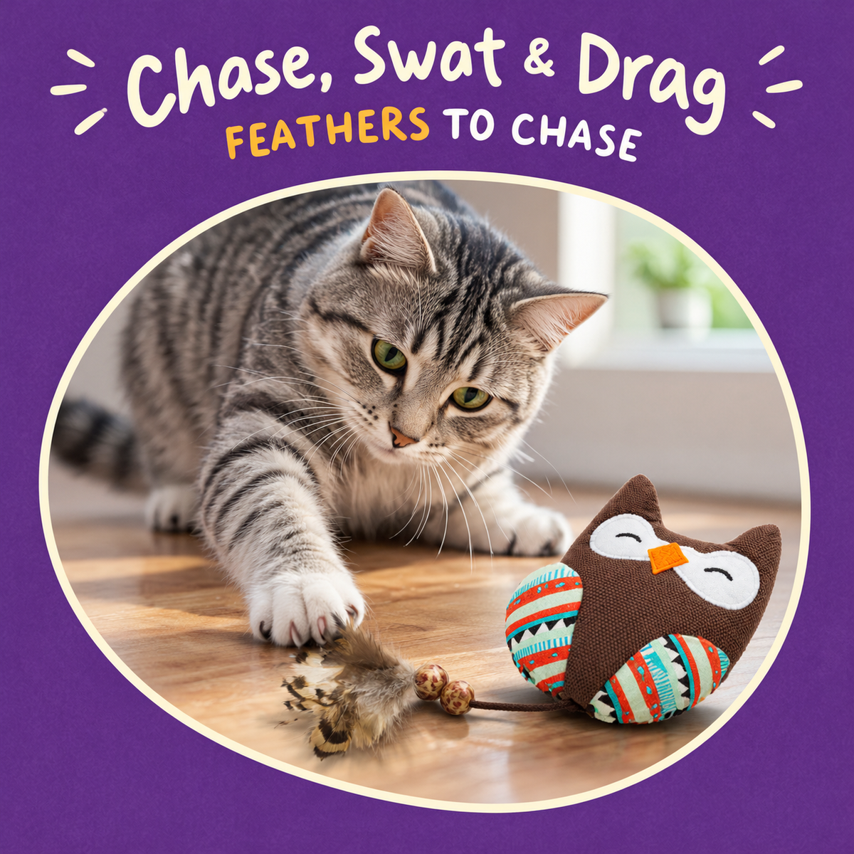 Cat playing with LitterBond Boho Feather Tail Catnip Toys: Chase, Swat & Drag