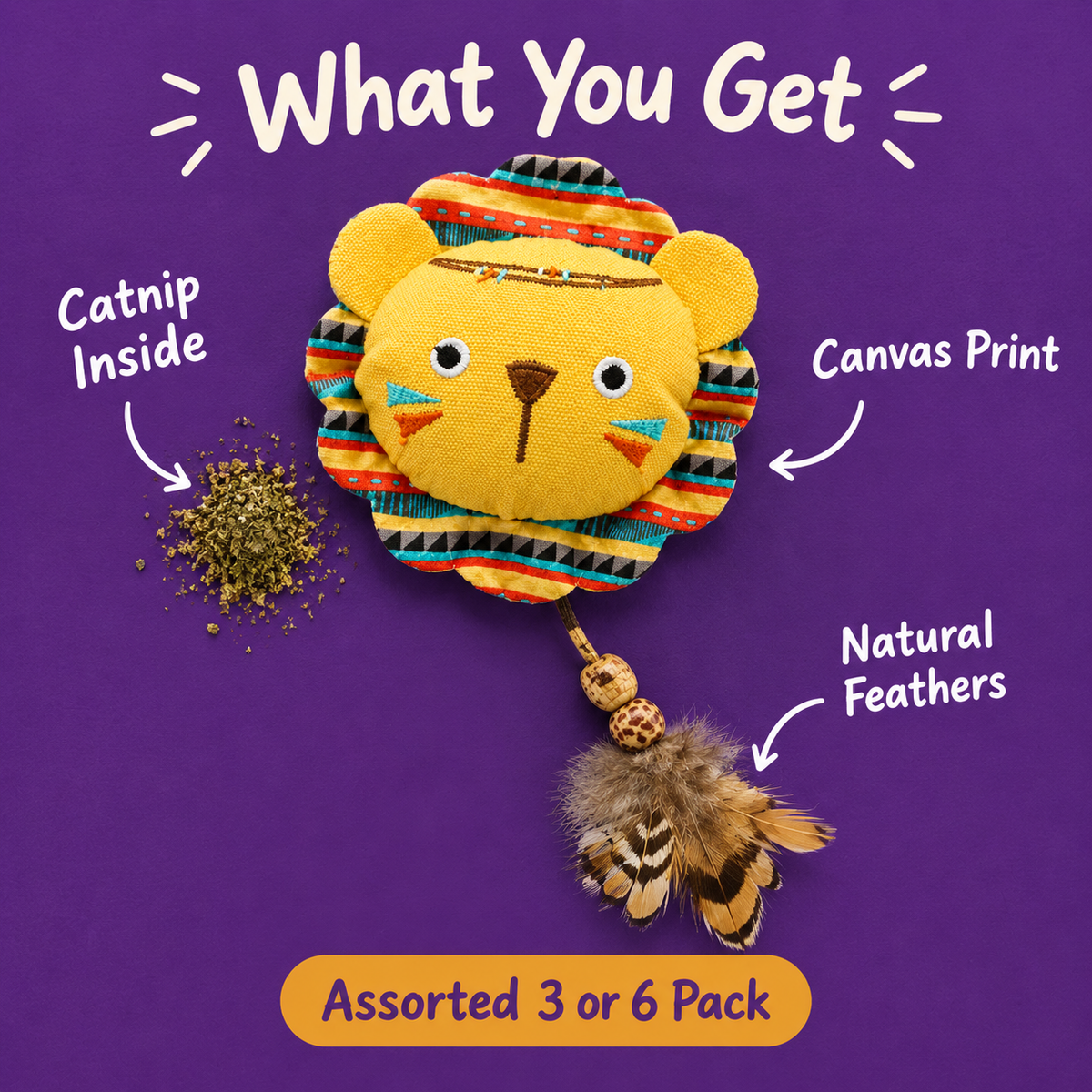 What You Get: LitterBond Boho Feather Tail Catnip Toys, catnip inside, natural feathers, canvas print
