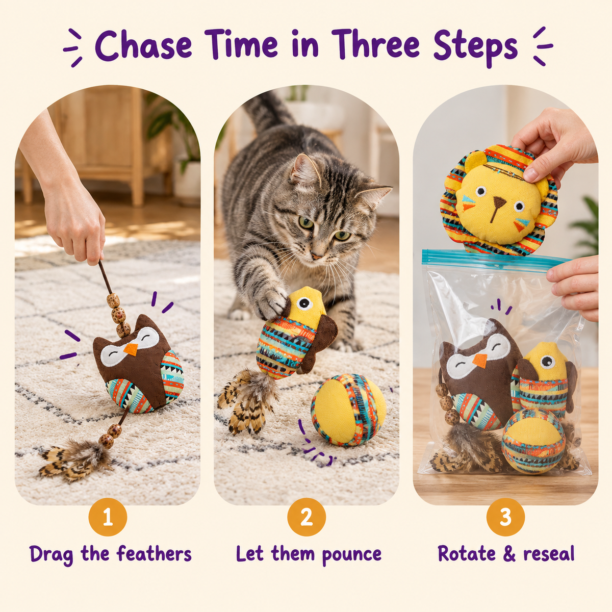 Chase Time in Three Steps: how to play with LitterBond Boho Feather Tail Catnip Toys