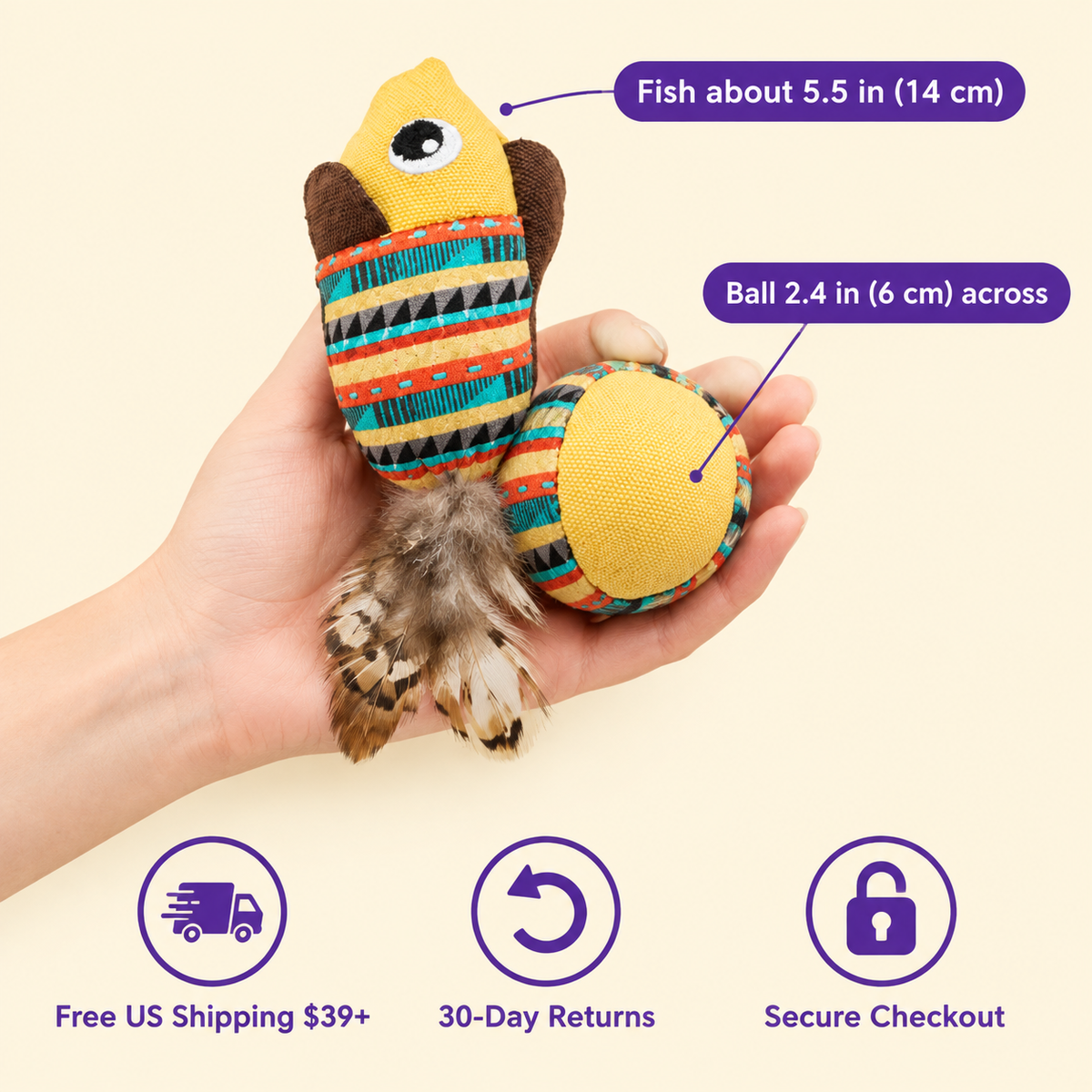 LitterBond Boho Feather Tail Catnip Toys in hand: Fish about 5.5 in (14 cm); free US shipping on $39+, 30-day returns