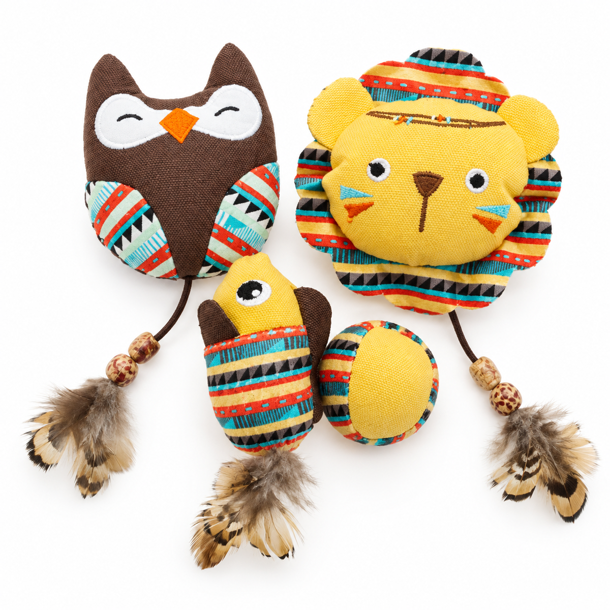 LitterBond Boho Feather Tail Catnip Toys, assorted 3-pack on a white background