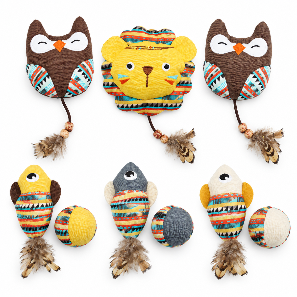 LitterBond Boho Feather Tail Catnip Toys, assorted 6-pack on a white background