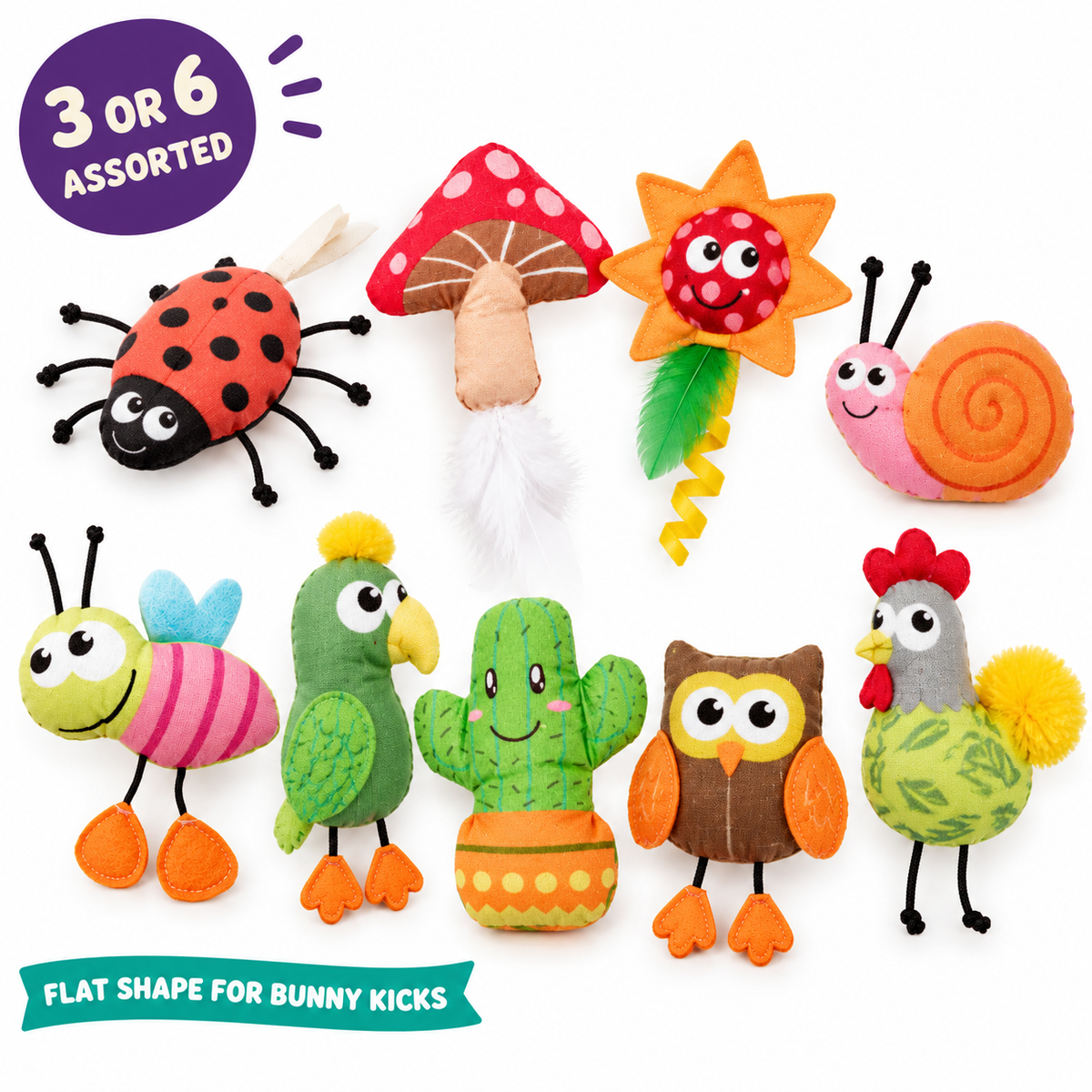 LitterBond Garden Critter Kicker Toys: 3 or 6 assorted, flat shape for bunny kicks