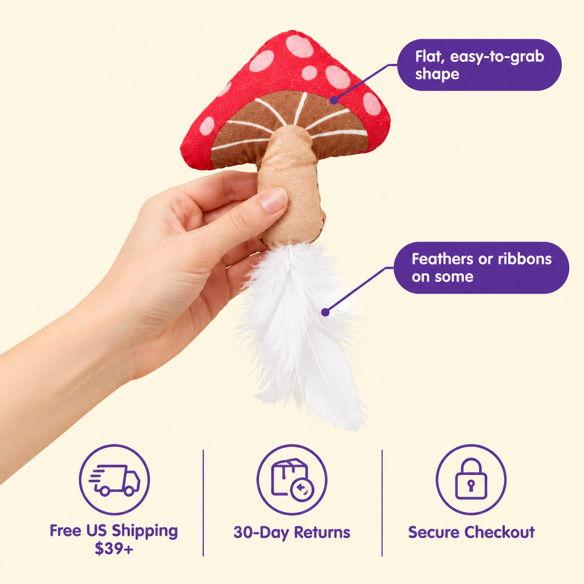 LitterBond Garden Critter Kicker Toys in hand: Flat, easy-to-grab shape; free US shipping on $39+, 30-day returns