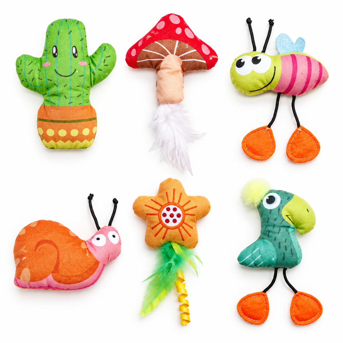 LitterBond Garden Critter Kicker Toys, assorted 6-pack on a white background