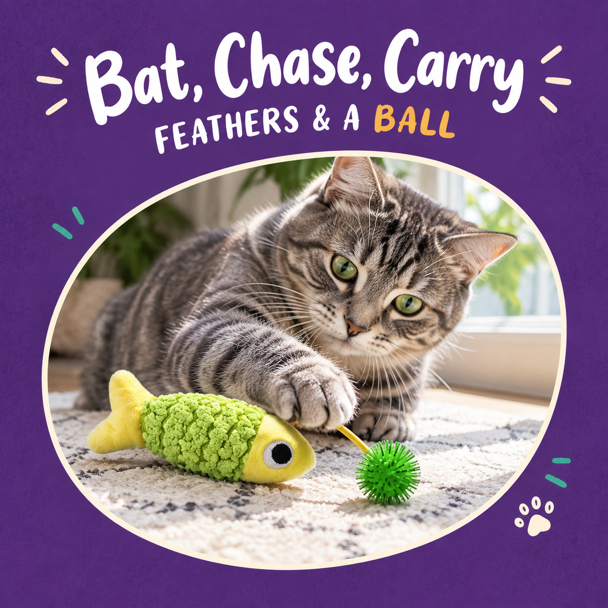 Cat playing with LitterBond Rattle Catnip Fish Pairs: Bat, Chase, Carry