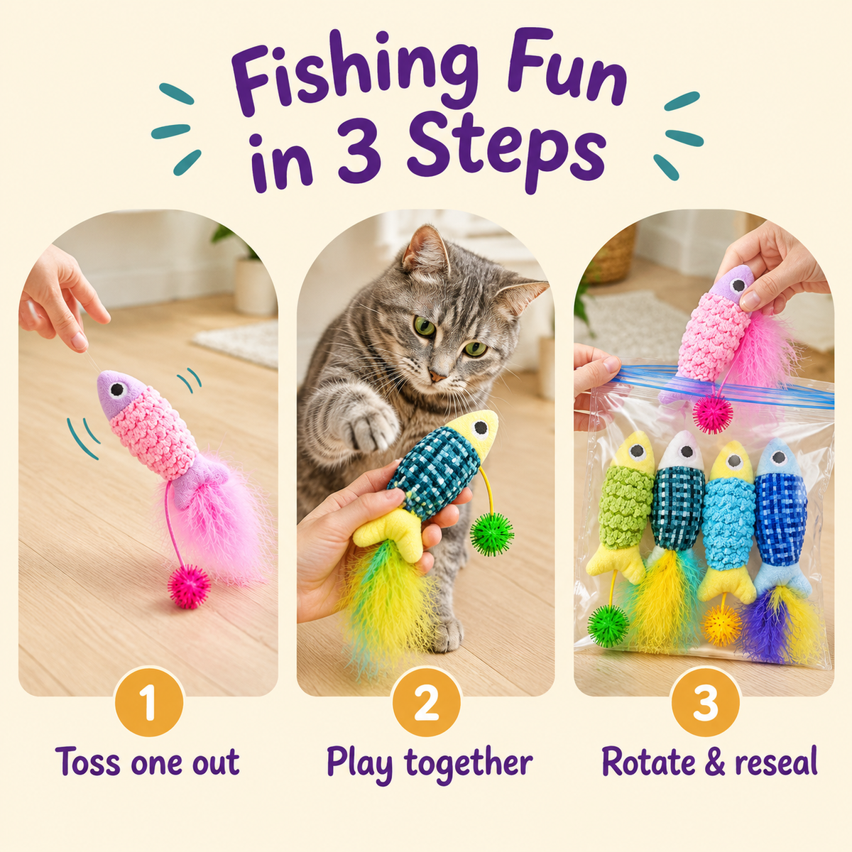 Fishing Fun in 3 Steps: how to play with LitterBond Rattle Catnip Fish Pairs