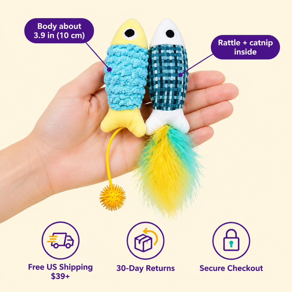 LitterBond Rattle Catnip Fish Pairs in hand: Body about 3.9 in (10 cm); free US shipping on $39+, 30-day returns