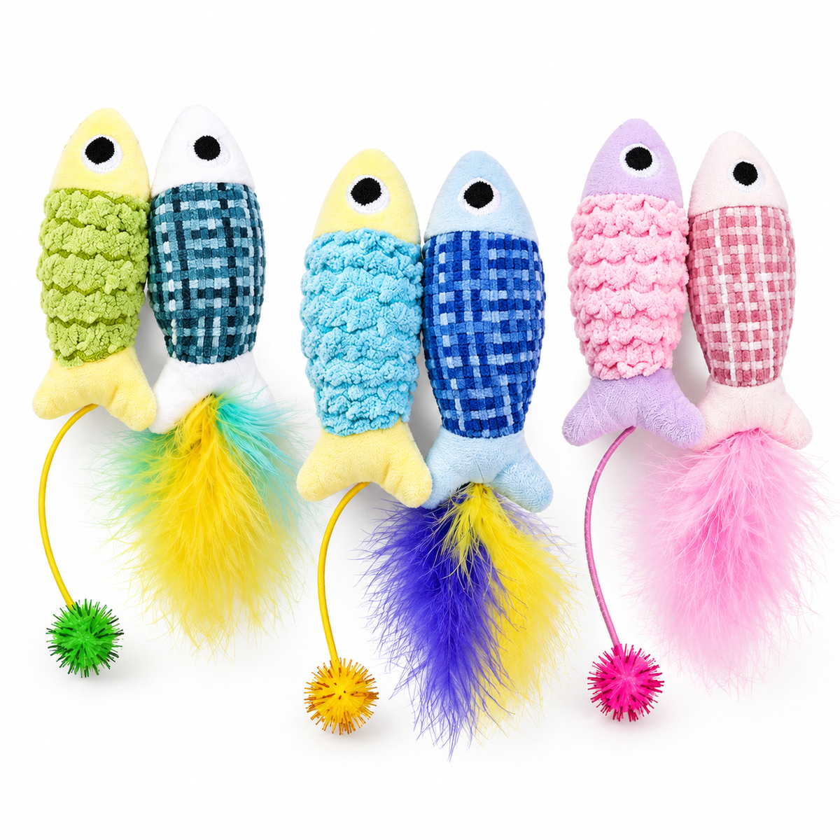 LitterBond Rattle Catnip Fish Pairs, assorted 3 pairs (6 fish) on a white background