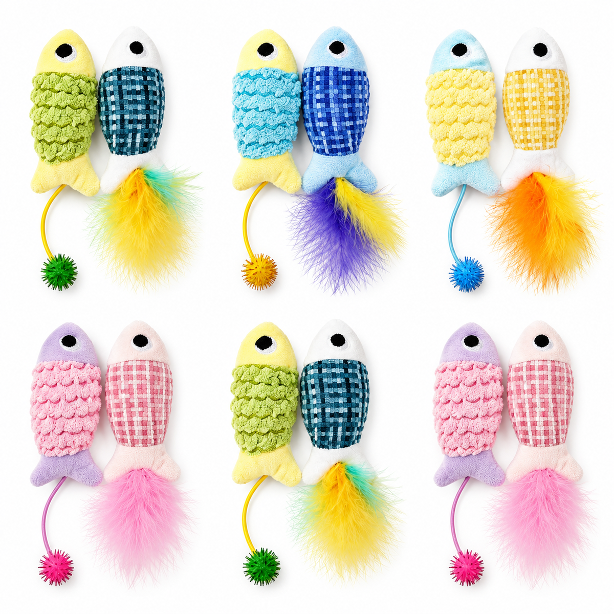LitterBond Rattle Catnip Fish Pairs, assorted 6 pairs (12 fish) on a white background