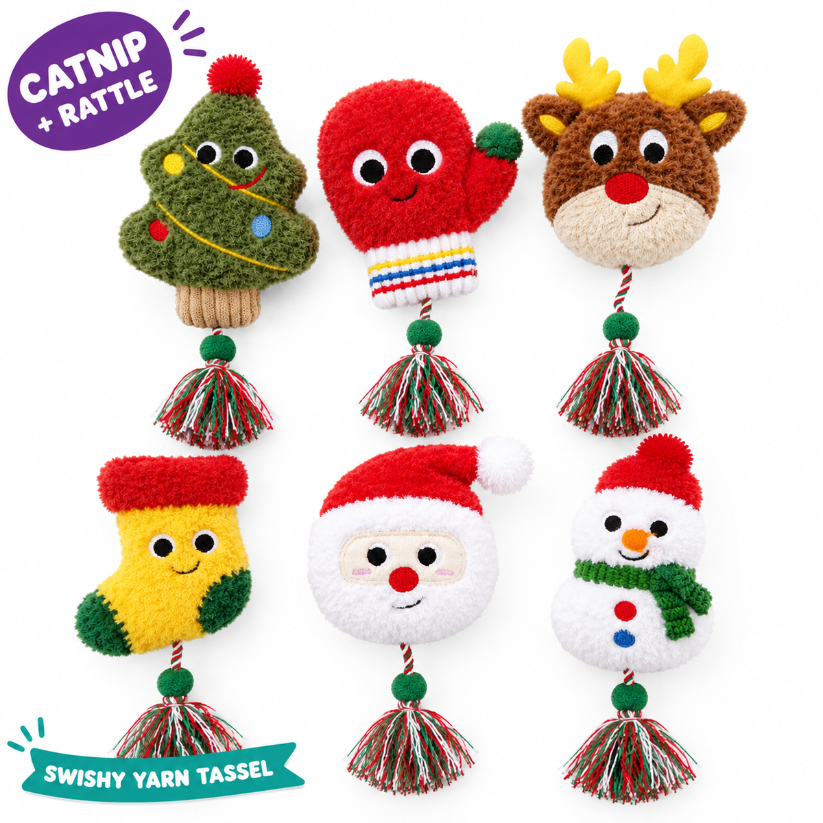 LitterBond Christmas Catnip Rattle Toys: catnip + rattle, swishy yarn tassel