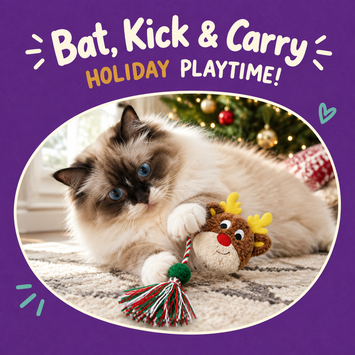 Cat playing with LitterBond Christmas Catnip Rattle Toys: Bat, Kick & Carry