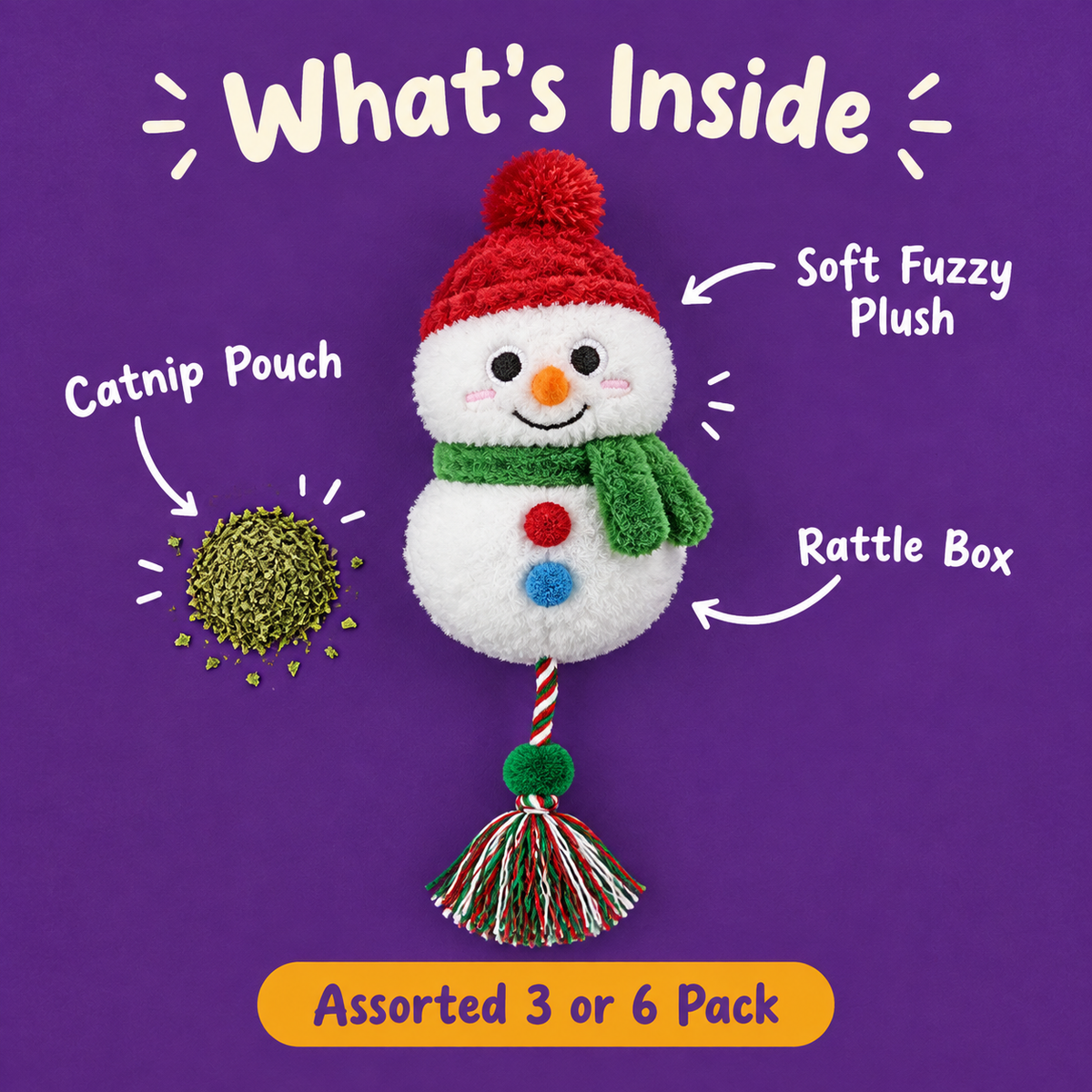 What's Inside: LitterBond Christmas Catnip Rattle Toys, catnip pouch, rattle box, soft fuzzy plush