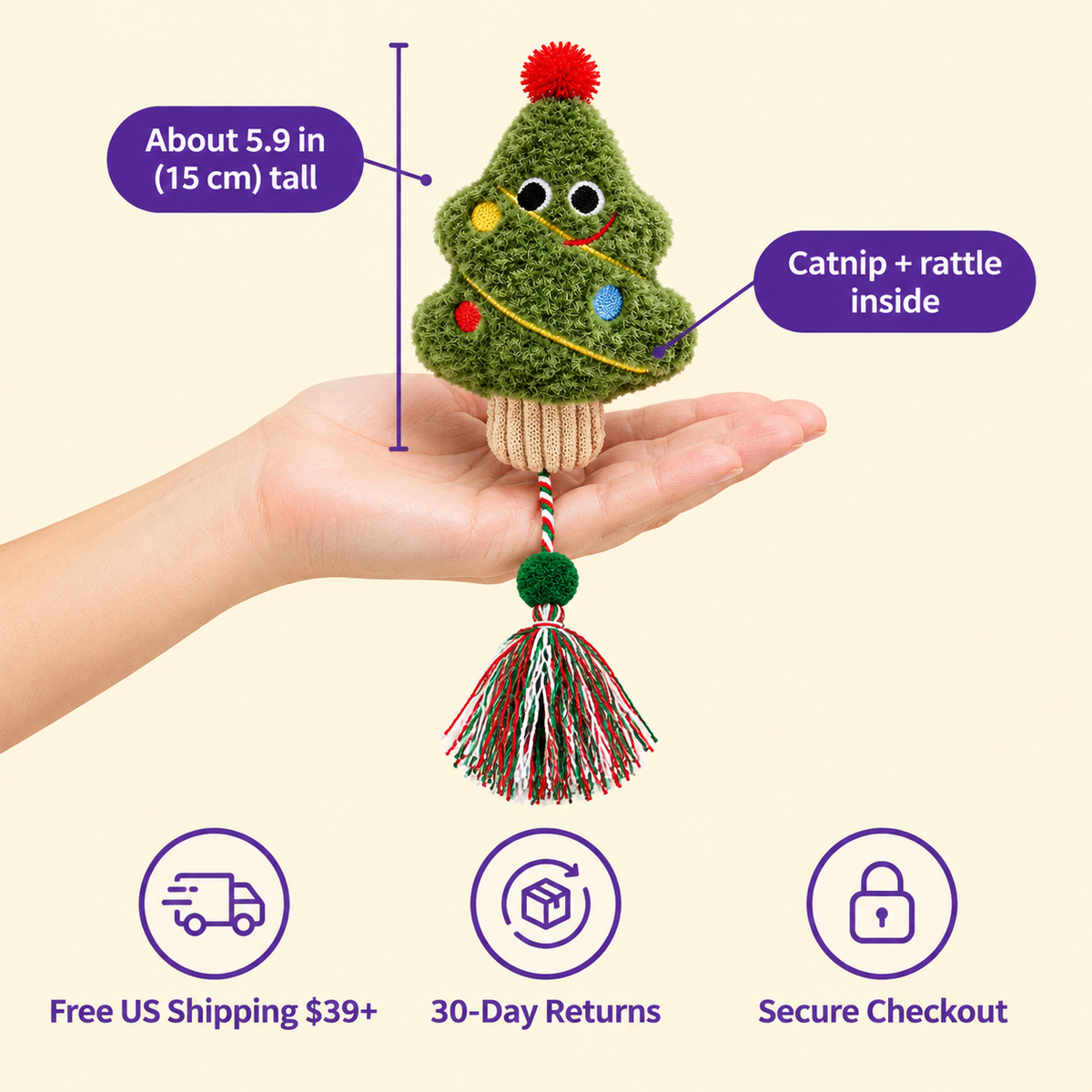 LitterBond Christmas Catnip Rattle Toys in hand: About 5.9 in (15 cm) tall; free US shipping on $39+, 30-day returns