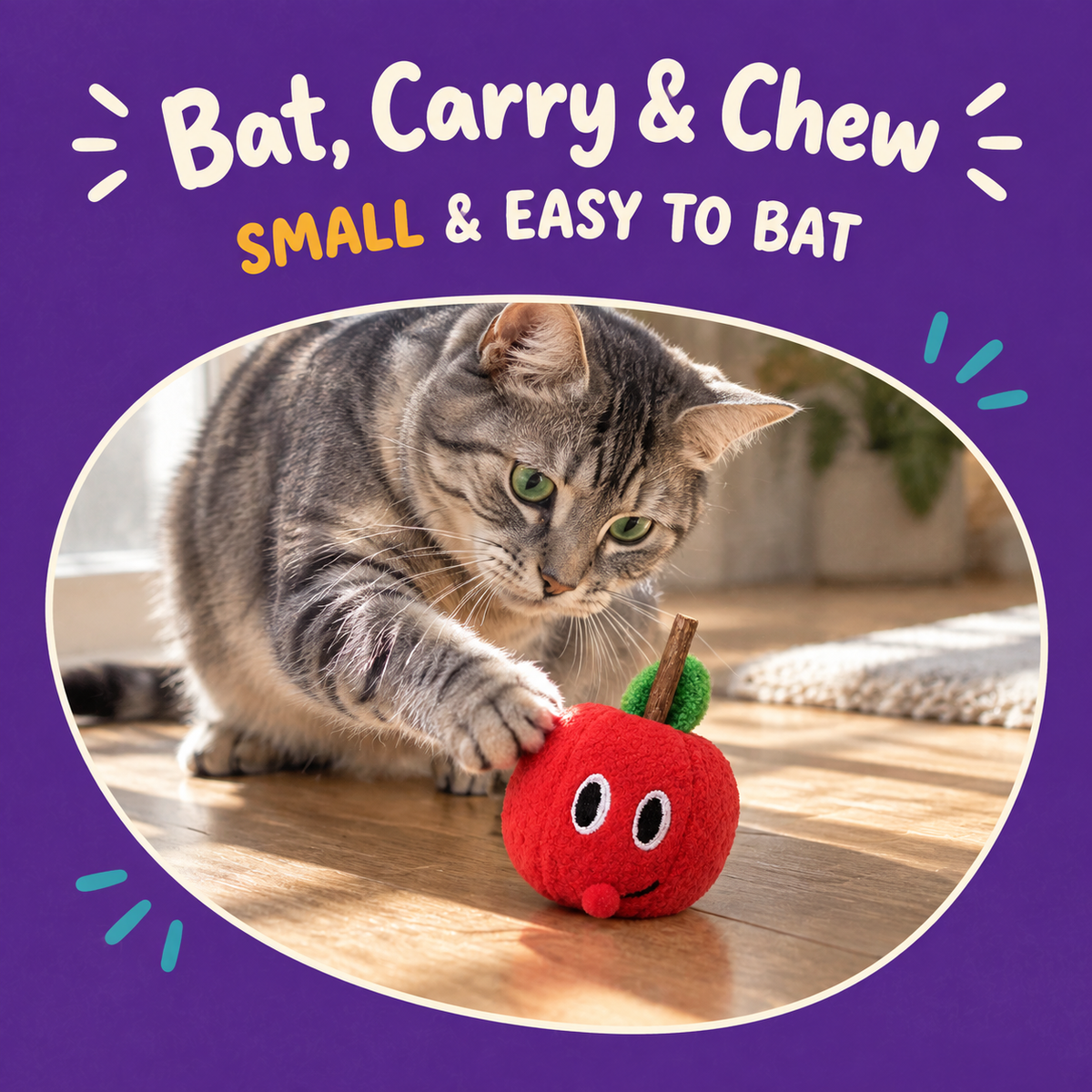 Cat playing with LitterBond Mini Fruit Silvervine Toys: Bat, Carry & Chew