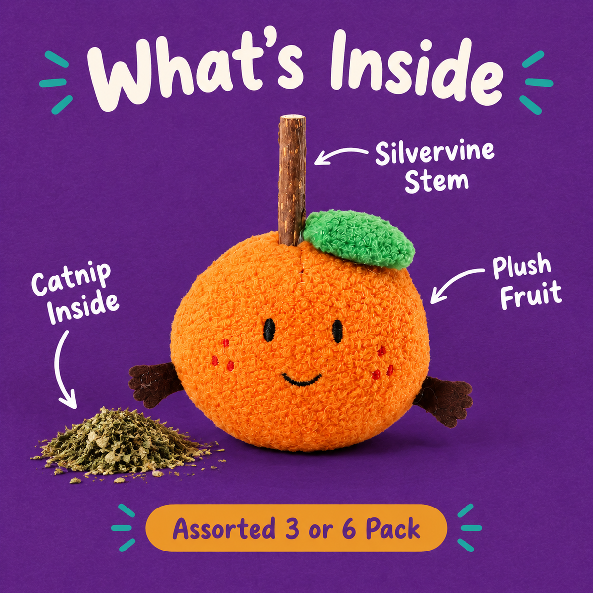 What's Inside: LitterBond Mini Fruit Silvervine Toys, catnip inside, silvervine stem, plush fruit
