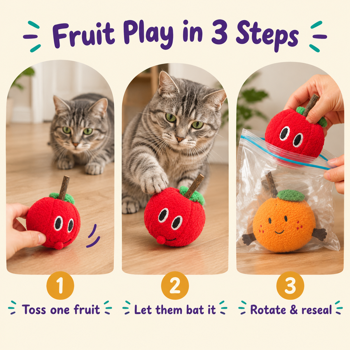 Fruit Play in 3 Steps: how to play with LitterBond Mini Fruit Silvervine Toys