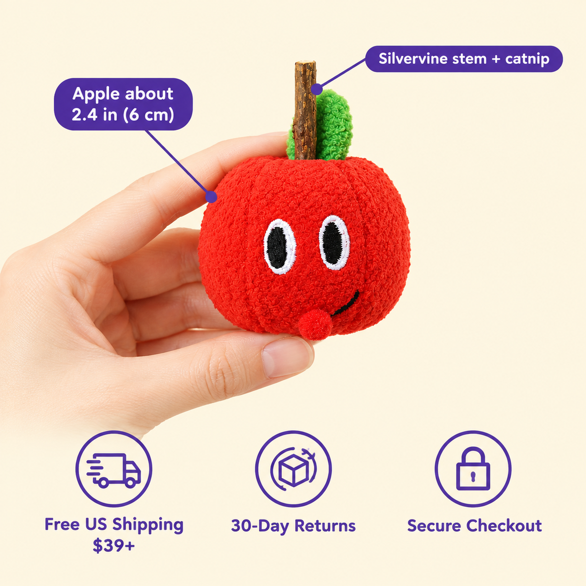 LitterBond Mini Fruit Silvervine Toys in hand: Apple about 2.4 in (6 cm); free US shipping on $39+, 30-day returns