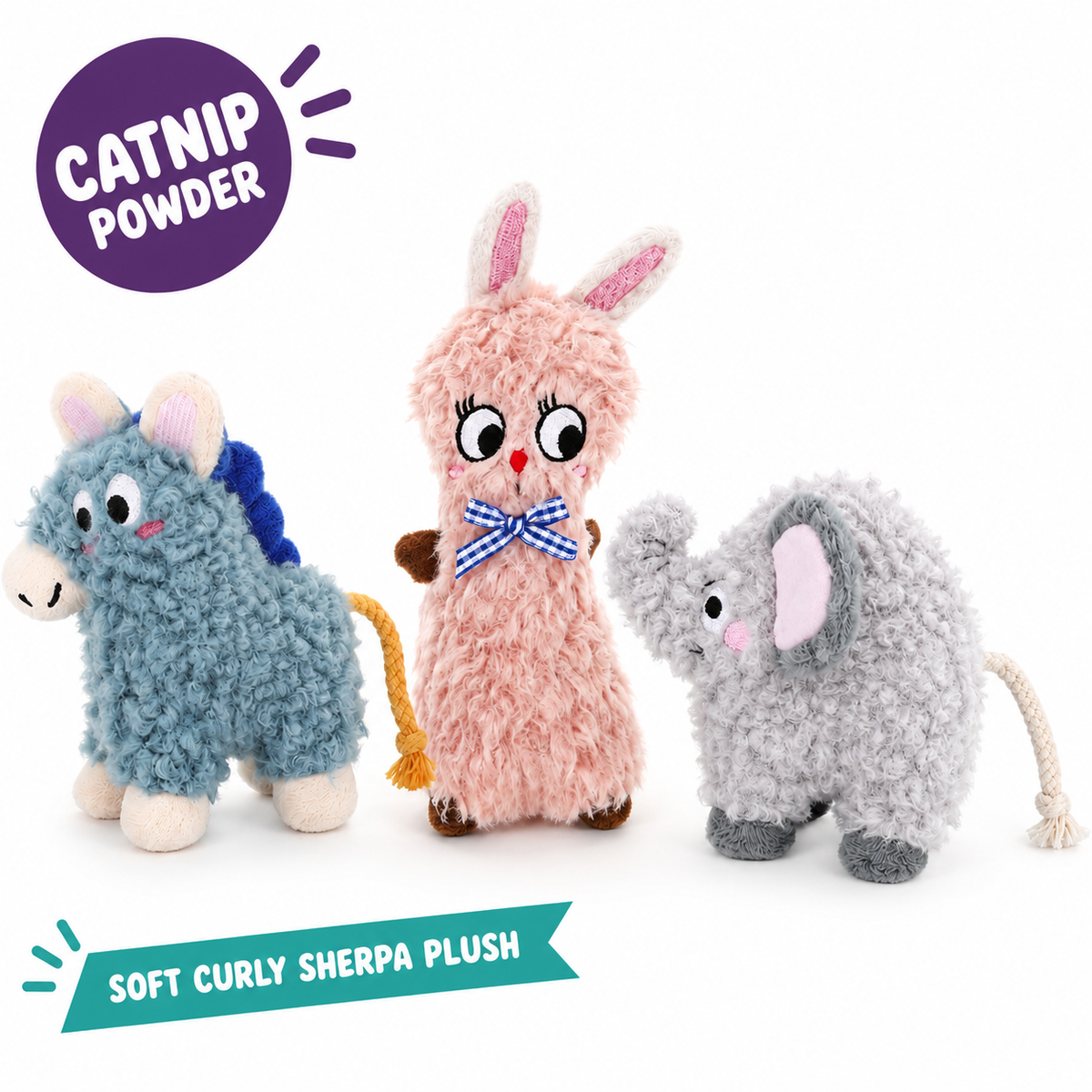 LitterBond Curly Sherpa Catnip Animals: catnip powder, soft curly sherpa plush
