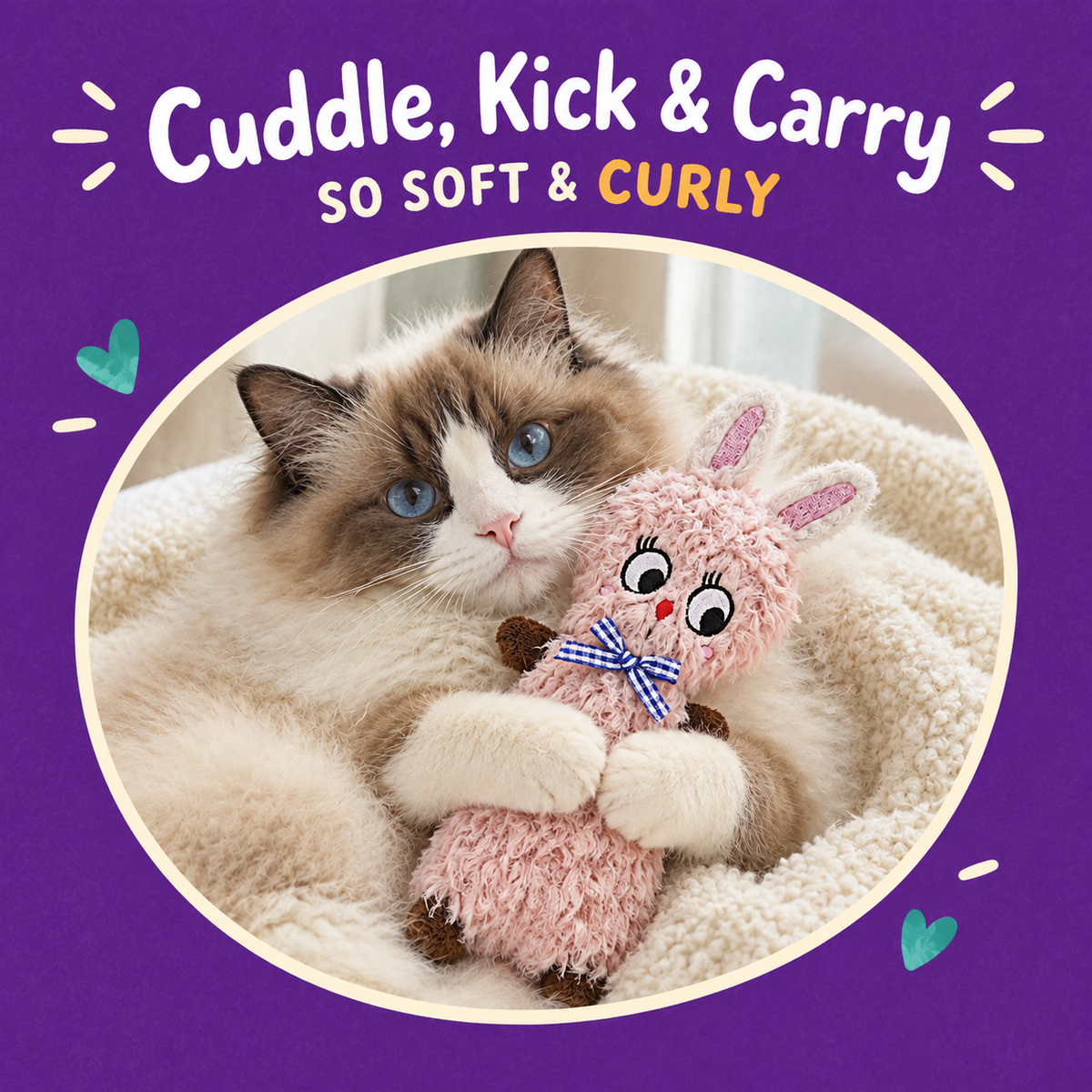 Cat playing with LitterBond Curly Sherpa Catnip Animals: Cuddle, Kick & Carry