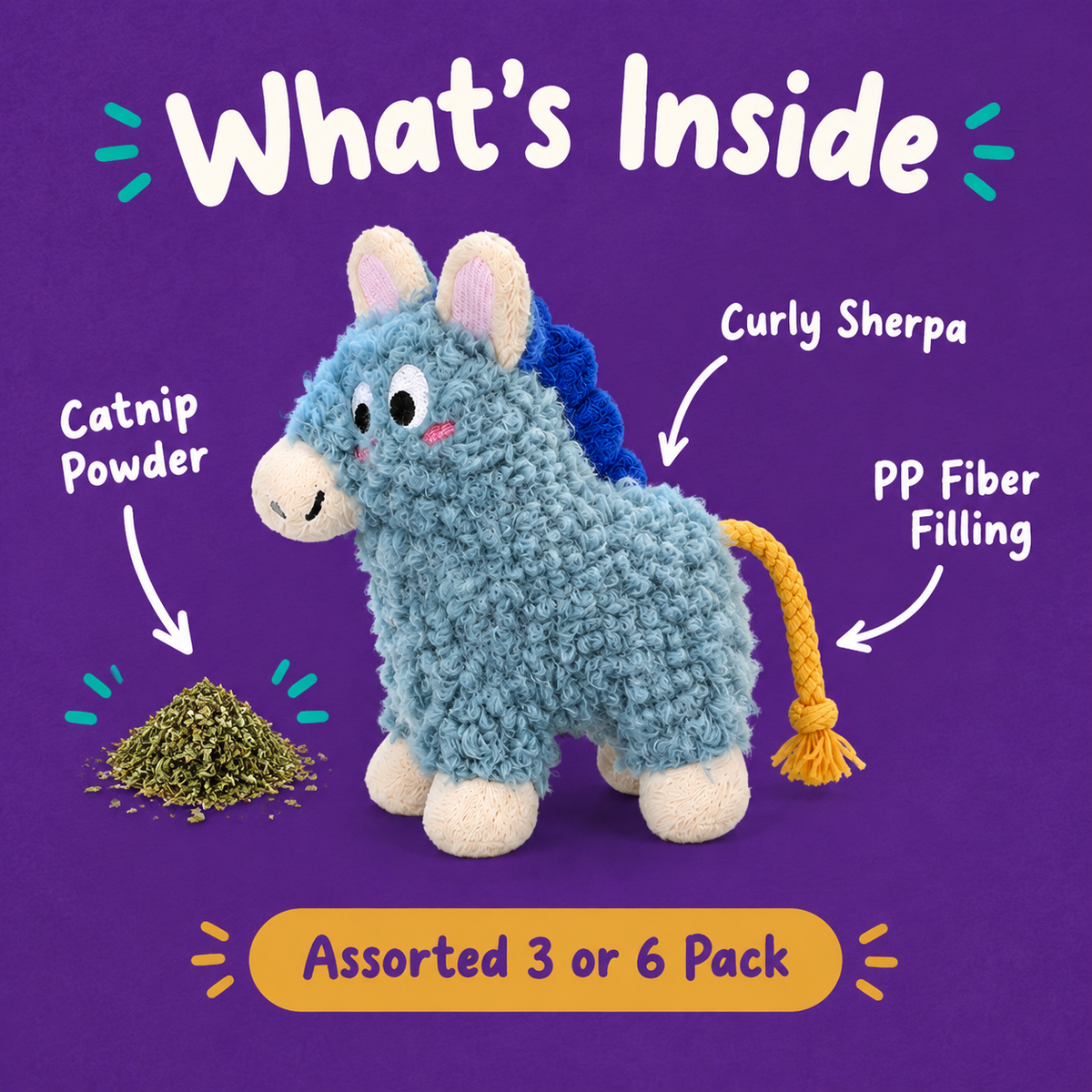 What's Inside: LitterBond Curly Sherpa Catnip Animals, catnip powder, curly sherpa, pp fiber filling