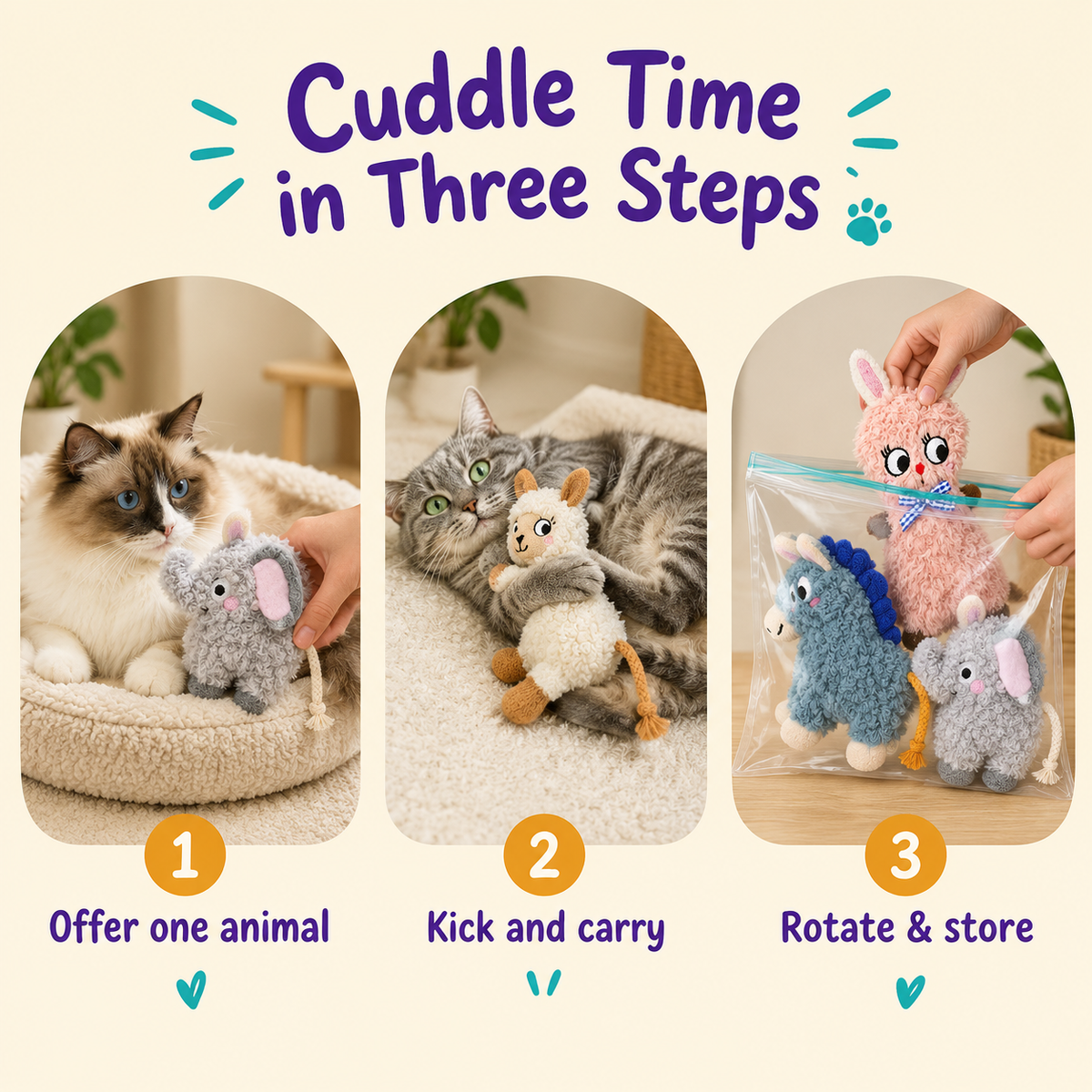 Cuddle Time in Three Steps: how to play with LitterBond Curly Sherpa Catnip Animals