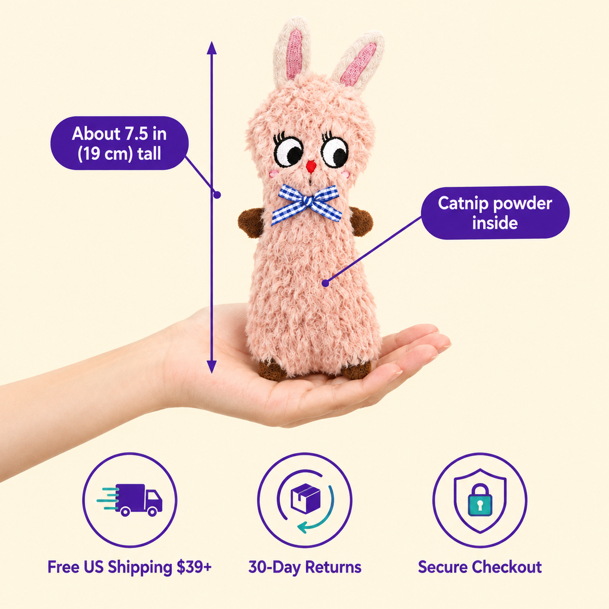LitterBond Curly Sherpa Catnip Animals in hand: About 7.5 in (19 cm) tall; free US shipping on $39+, 30-day returns