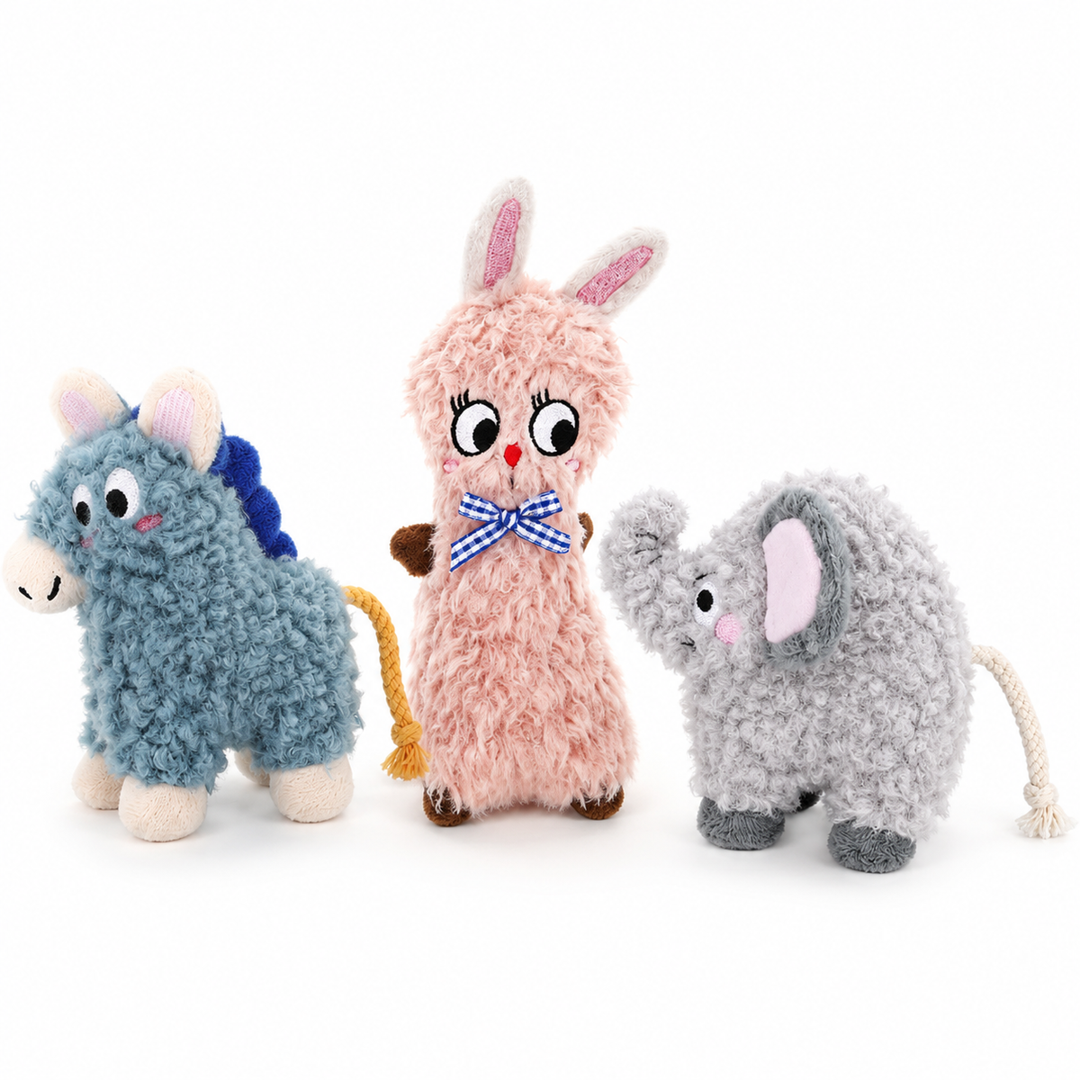LitterBond Curly Sherpa Catnip Animals, assorted 3-pack on a white background