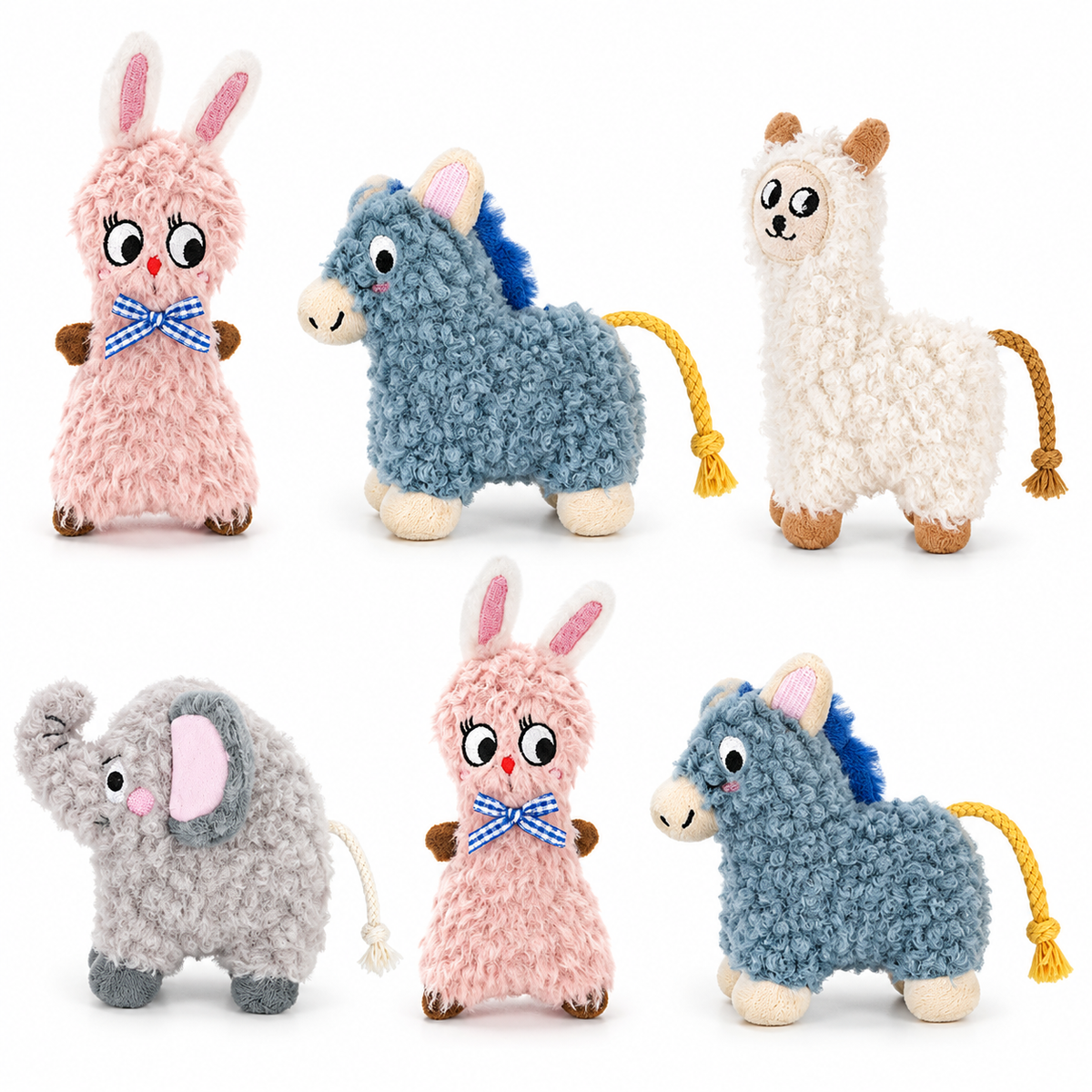 LitterBond Curly Sherpa Catnip Animals, assorted 6-pack on a white background