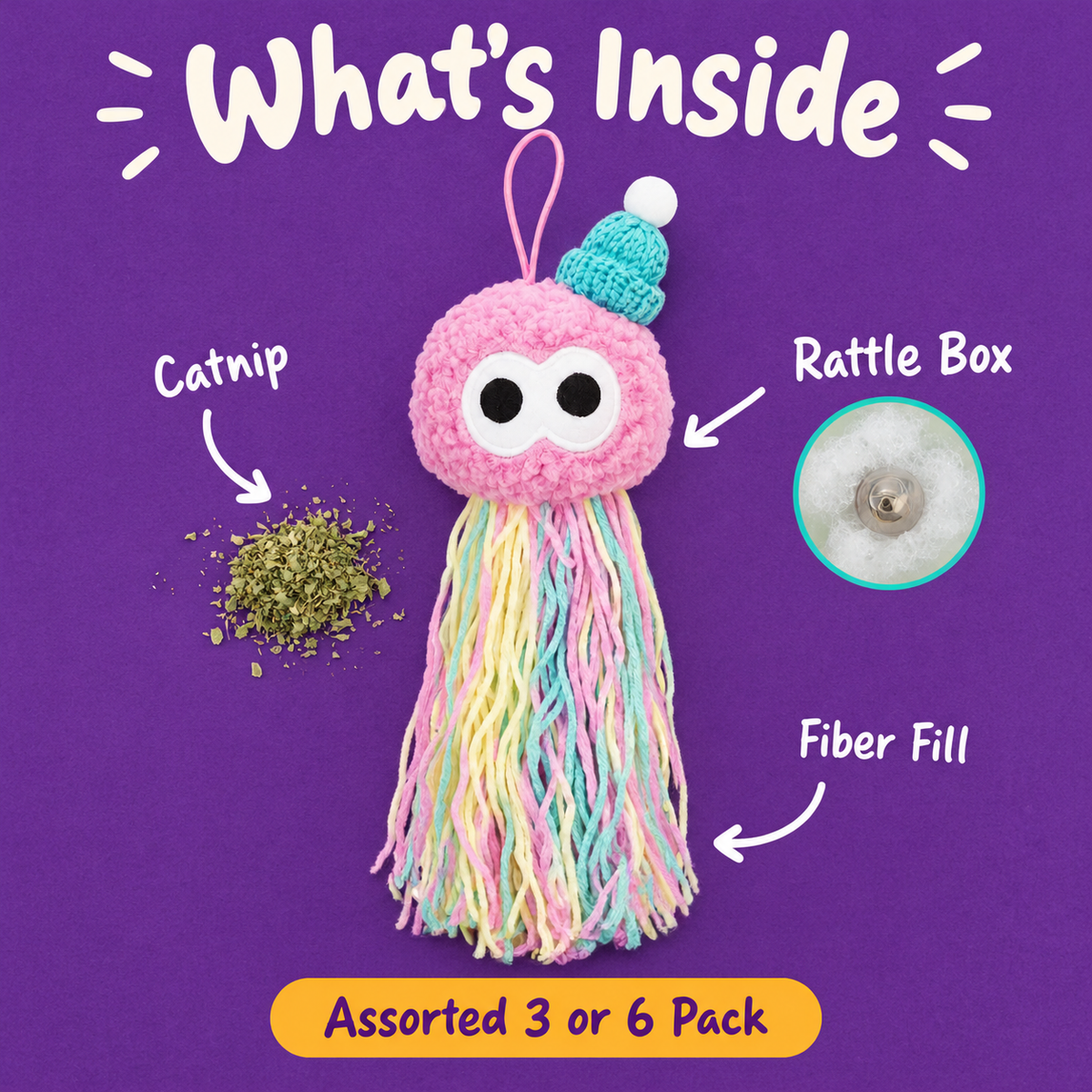 What's Inside: LitterBond Catnip Yarn Octopuses, catnip, rattle box, fiber fill