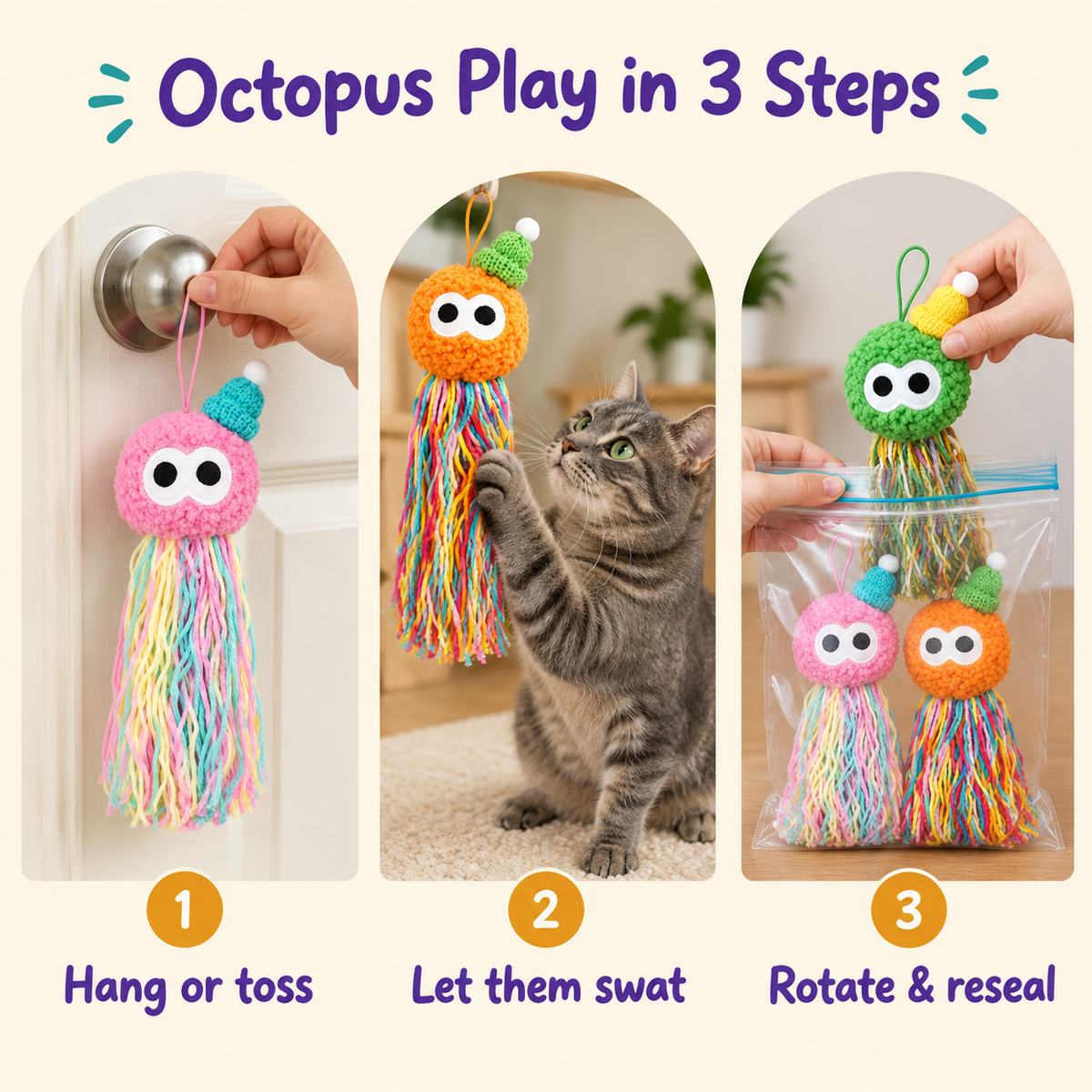 Octopus Play in 3 Steps: how to play with LitterBond Catnip Yarn Octopuses