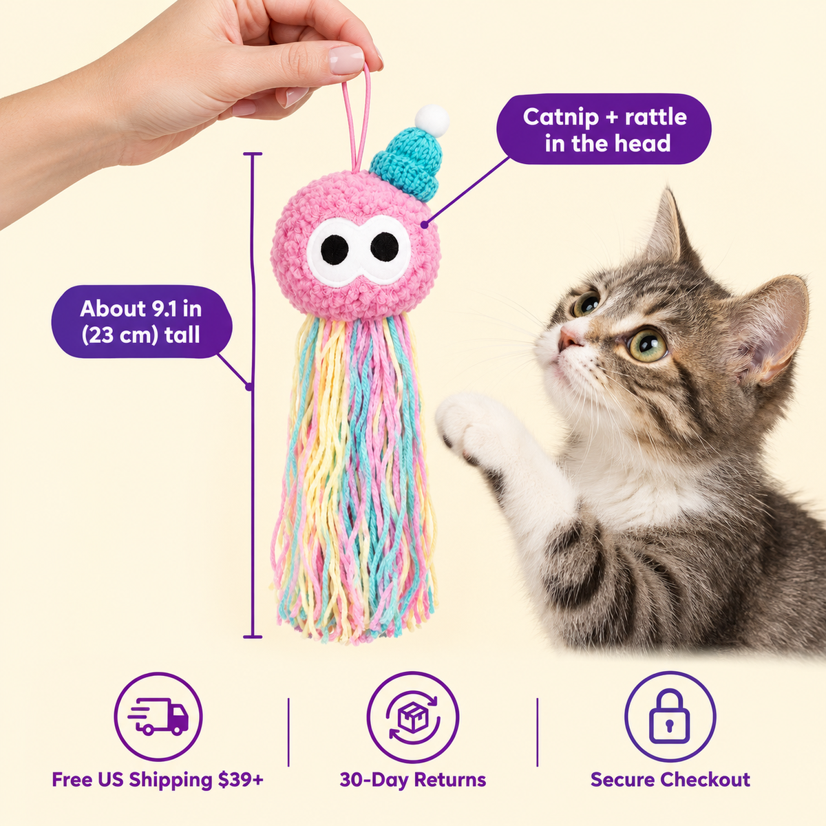 LitterBond Catnip Yarn Octopuses in hand: About 9.1 in (23 cm) tall; free US shipping on $39+, 30-day returns