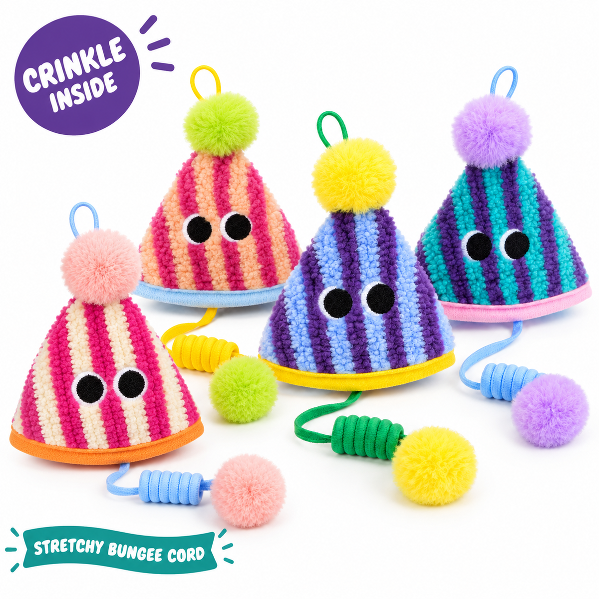 LitterBond Party Hat Bungee Toys: crinkle inside, stretchy bungee cord