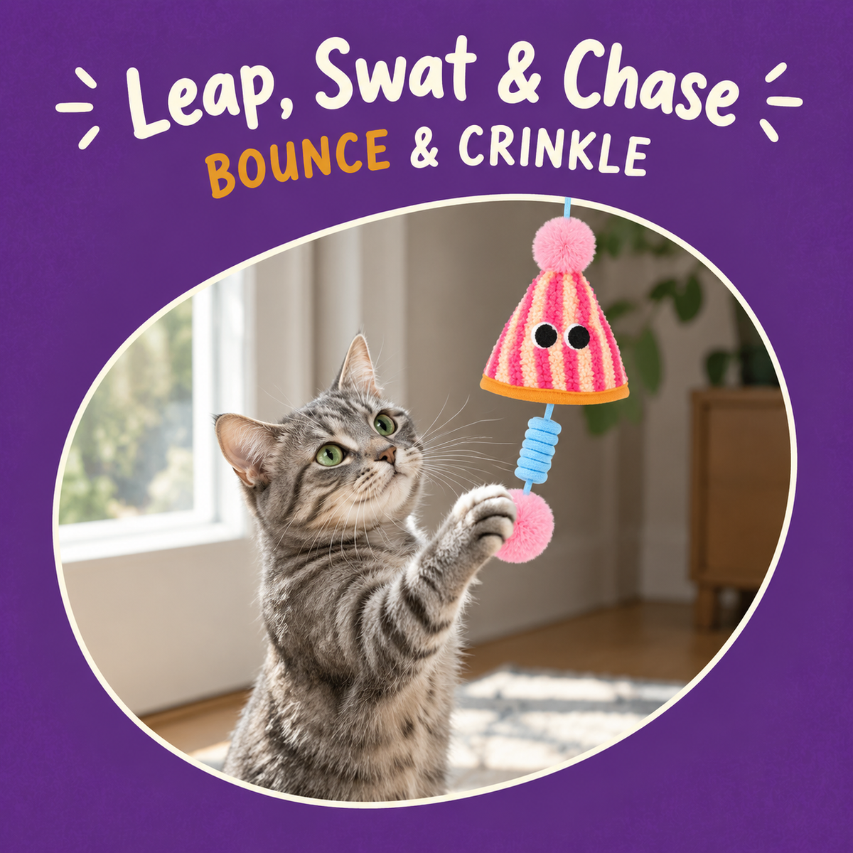 Cat playing with LitterBond Party Hat Bungee Toys: Leap, Swat & Chase