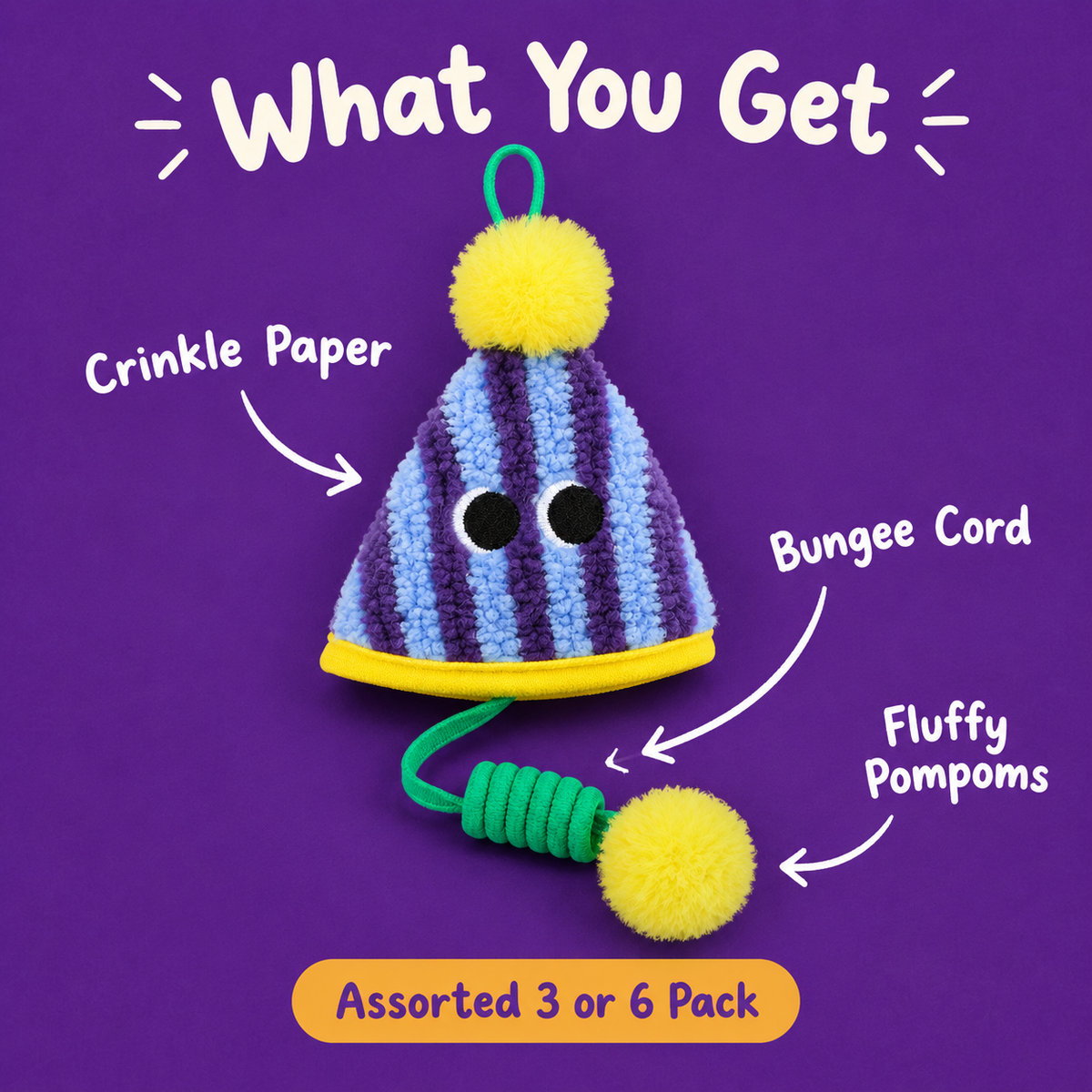 What You Get: LitterBond Party Hat Bungee Toys, crinkle paper, bungee cord, fluffy pompoms