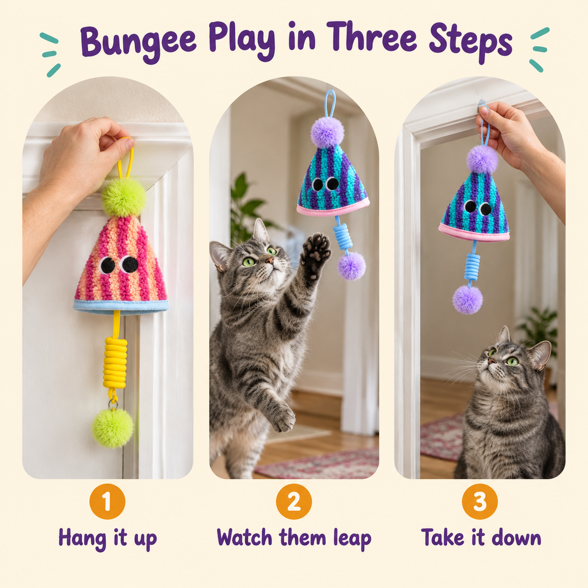 Bungee Play in Three Steps: how to play with LitterBond Party Hat Bungee Toys