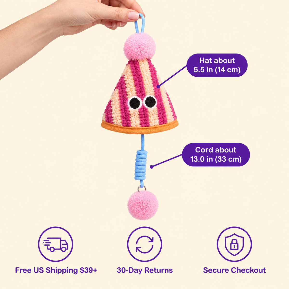 LitterBond Party Hat Bungee Toys in hand: Hat about 5.5 in (14 cm); free US shipping on $39+, 30-day returns
