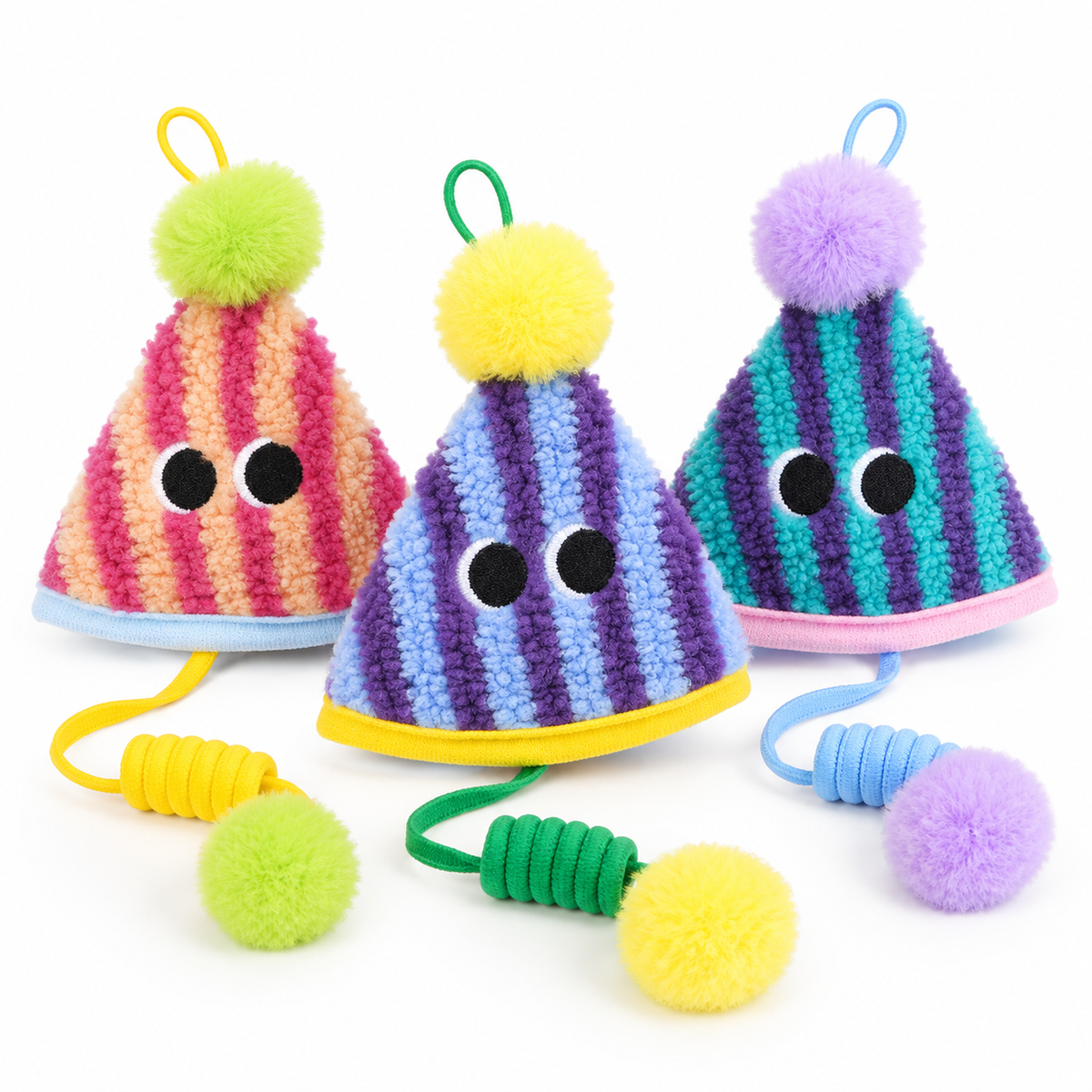 LitterBond Party Hat Bungee Toys, assorted 3-pack on a white background