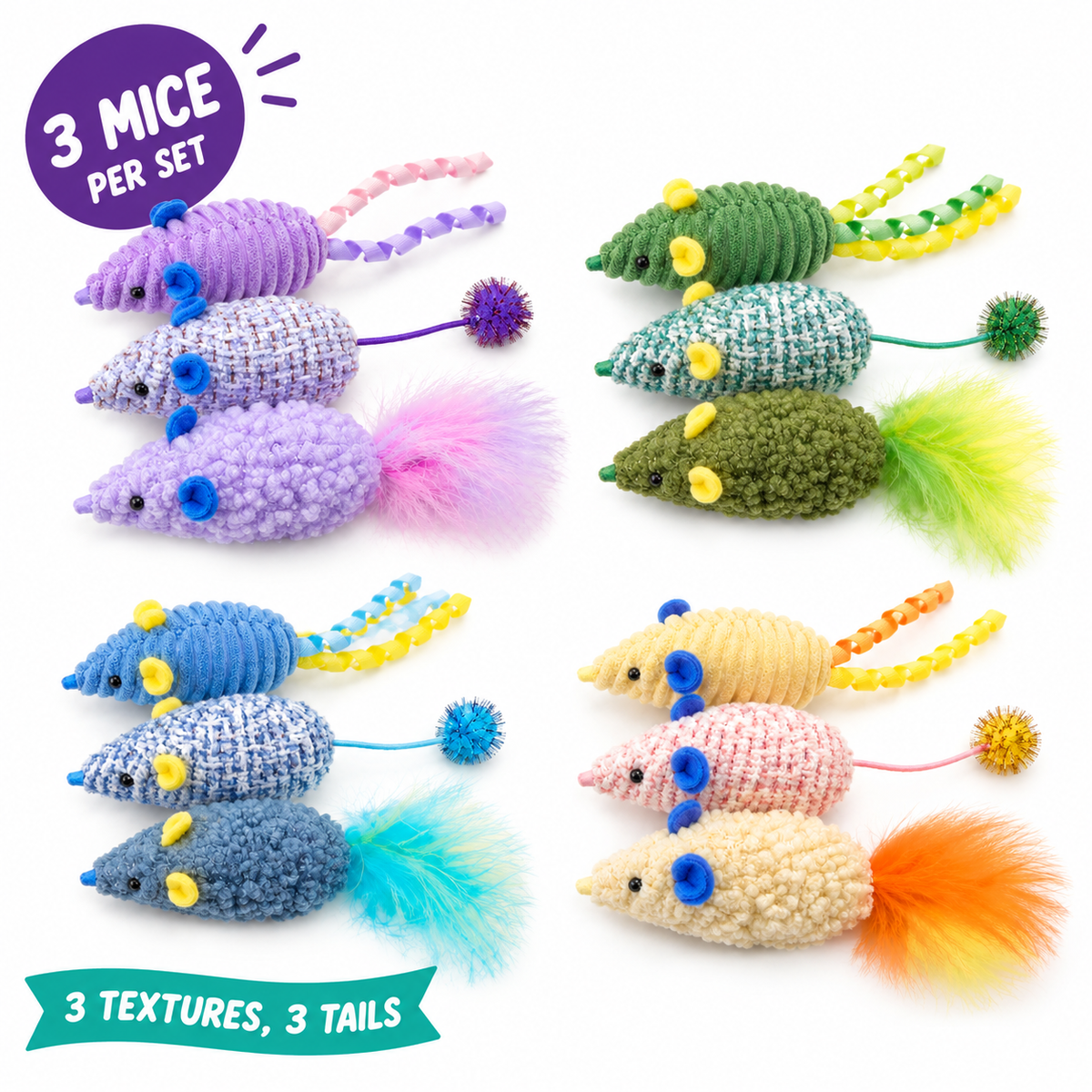 LitterBond Textured Catnip Mouse Trios: 3 mice per set, 3 textures, 3 tails