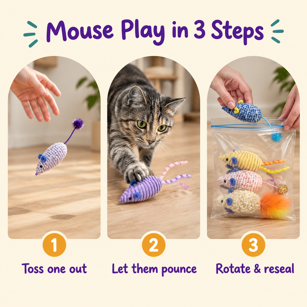 Mouse Play in 3 Steps: how to play with LitterBond Textured Catnip Mouse Trios
